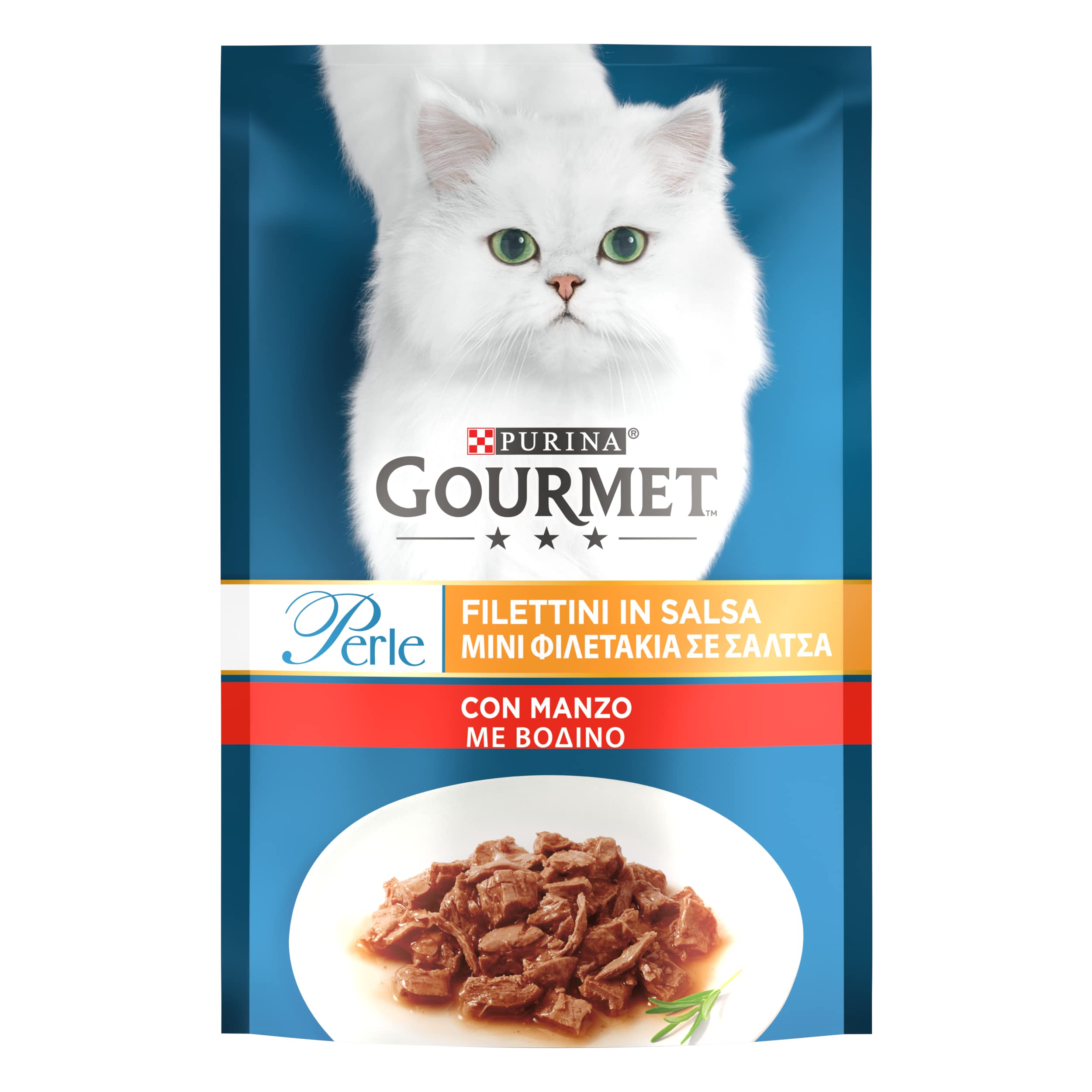 Purina Gourmet Perle Filettini in Salsa Cibo Umido per Gatti con Manzo, 26 Buste da 85g