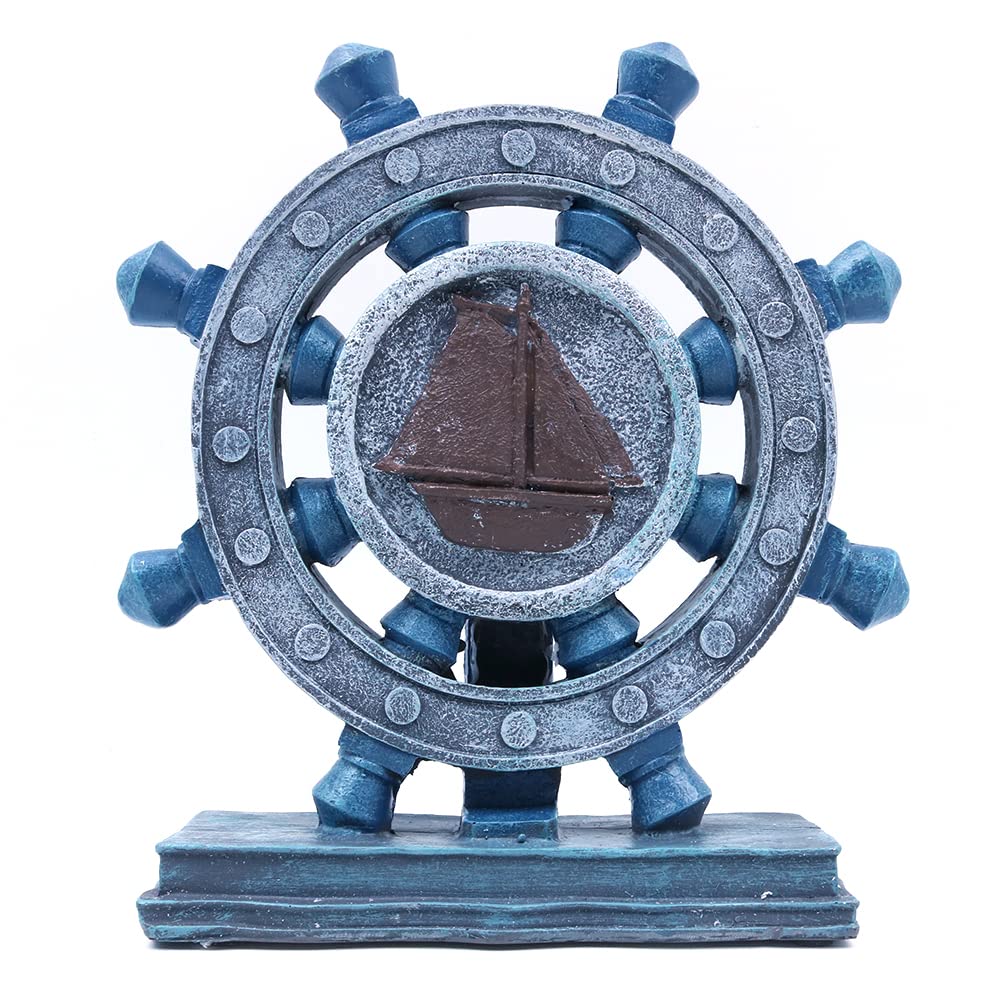 Cenpek Blue Resin Rudder Figurine, Nautical Décor, Helm Model Statue Ornament For Home Garden Bar, Indoor Outdoor Tabletop Decoration, Antique Boat Anchor Mediterranean Style,