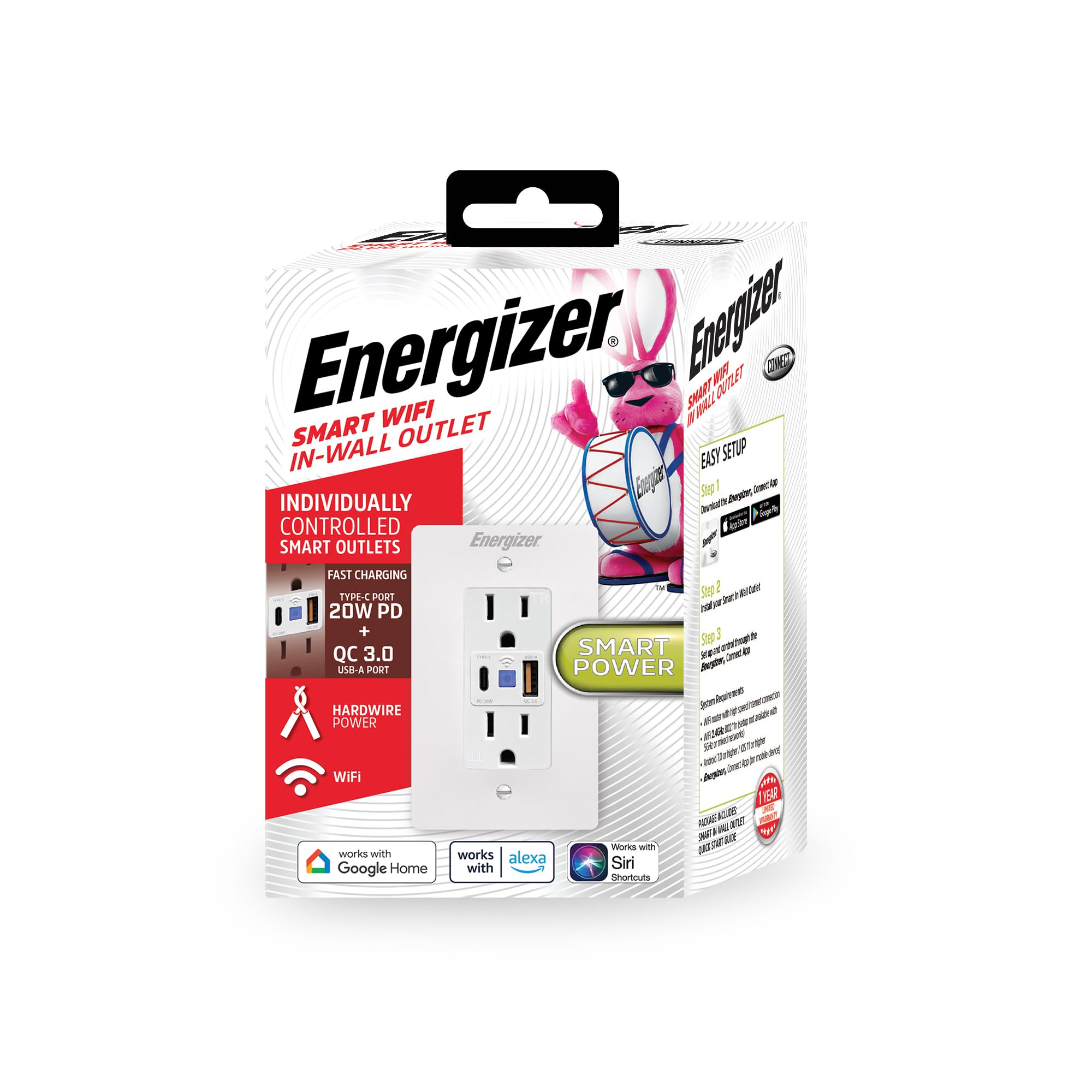 Energizer Smart Plug, in-Wall Smart Plug Wi-Fi Outlet Compatible with Siri, Alexa, & Google Home, 2 Individually Controlled Outlets & USB C and USB A Ports, Remote Control Hardwired Outlet, Hub-Free