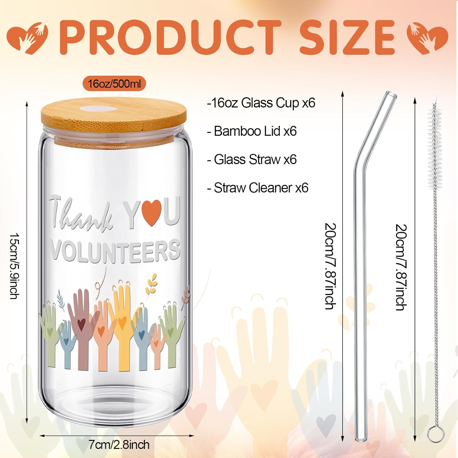 6 Pack Volunteer Appreciation Gifts Cup Bulk, 16oz Plastic Glass Cups with Lids, Straws & Brushes, Thank You Gifts for Volunteers, Staff, Employee, Social Workers - Image 2