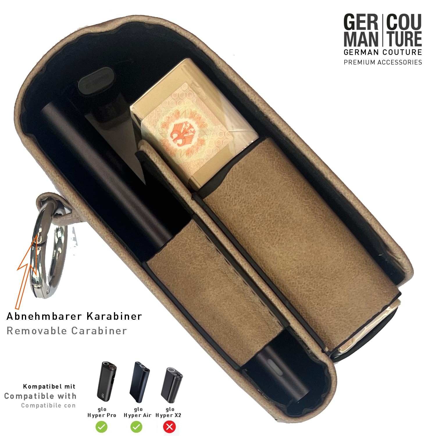 GC German Couture Custodia Per Glo Hyper Pro / Hyper Air + Scaldino – Beige Sabbia – Con Penna USB-C E Moschettone - 4
