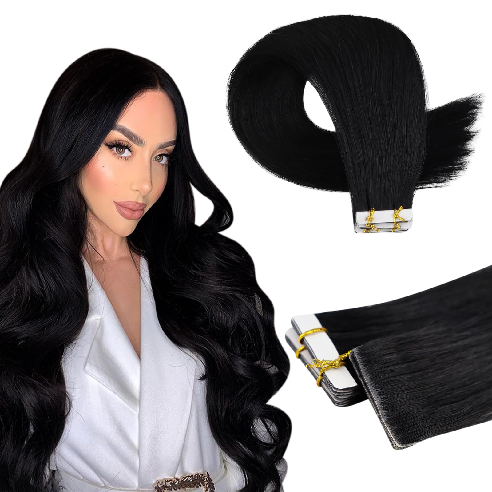 Full Shine Injected Tape in Hair Extensions Machine Virgin Tape in Extensions Human Hair Color Black Seamless Skin Weft 16 Inch Insert Tape Extensions 20Gram 10Pcs Tape ins Human Hair Extensions