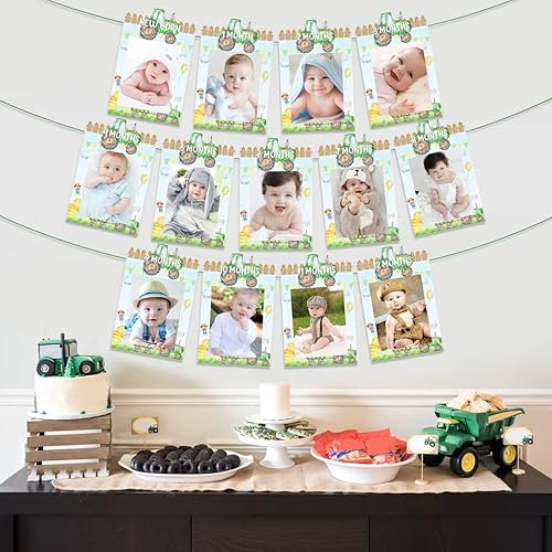 Miniatura 5 de Wonmelody Decoraciones de primer cumpleaños de tractor, pancarta de fotos de tractor de granja de recién nacido a 12 meses, pancarta de cumpleaños