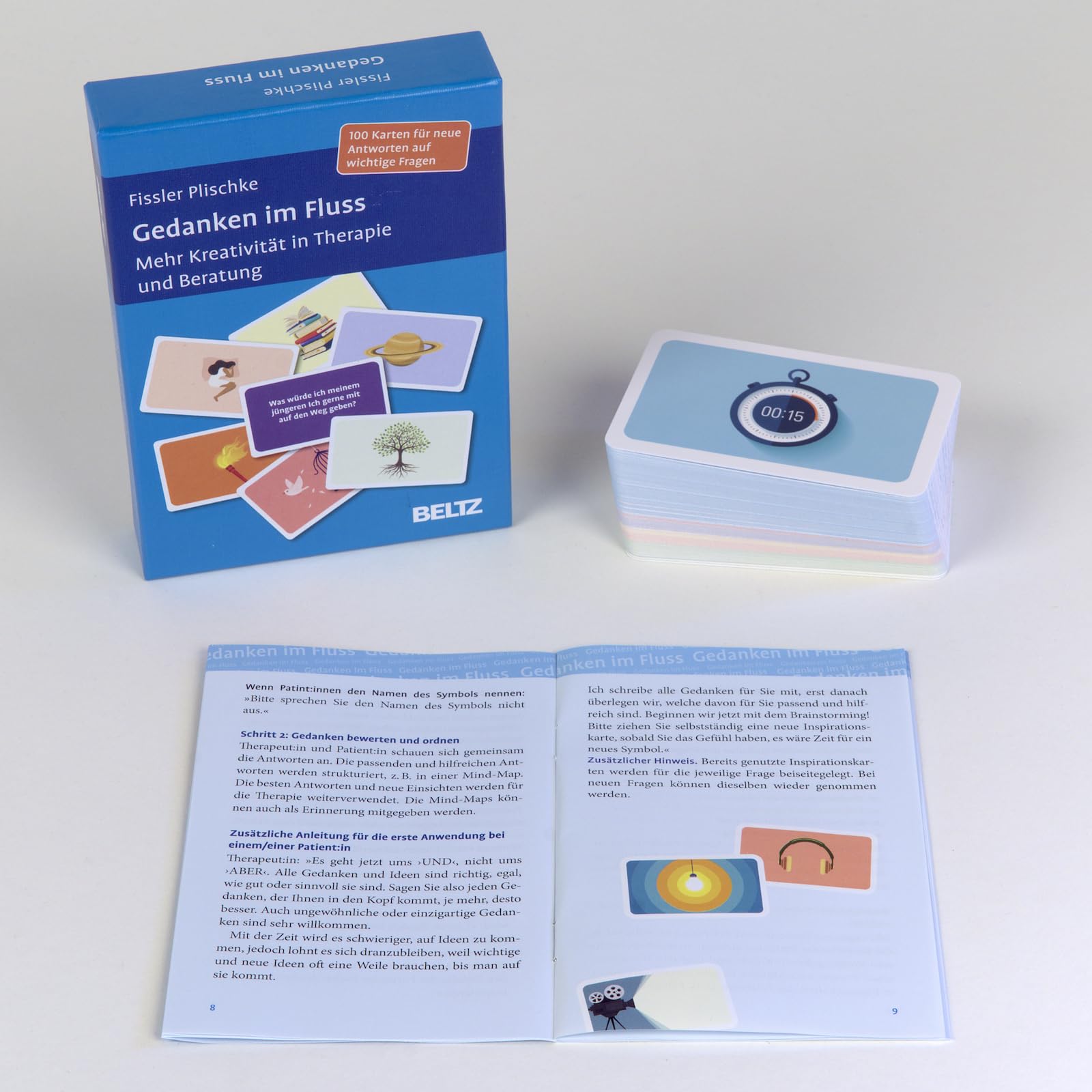 Gedanken im Fluss: Mehr Kreativität in Therapie und Beratung. 100 Karten für neue Antworten auf wichtige Fragen. Kartenset mit 12-seitigem Booklet in stabiler Box, Kartenformat 5,9 x 9,2 cm