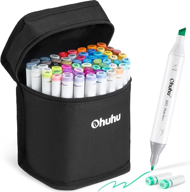 Ohuhu 60 Colours Dual Tips Permanent Marker Pens Alcohol Based Art Markers for Kids, Highlighter Pen with Carrying Case for Drawing Sketching Adult Colouring Highlighting and Underlining