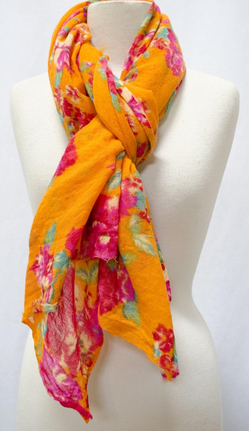 Floral Printed "Washed" Wool Shawl Scarf Stole Wrap Orange Fuchsia at Amazon Women’s Clothing