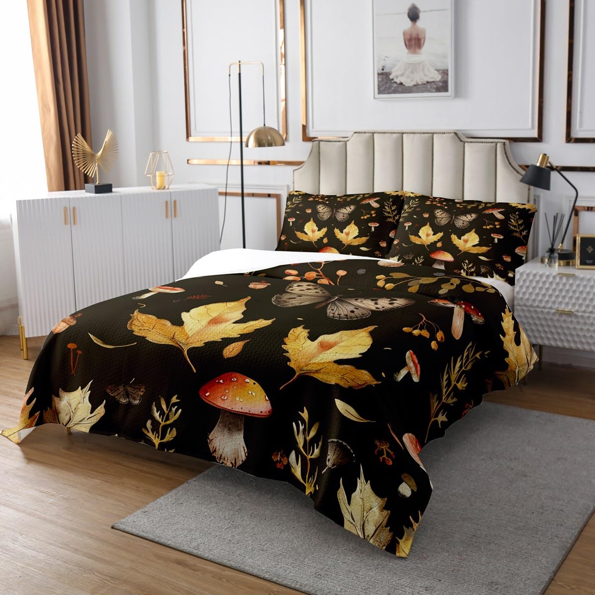Botanical Garden Plants Bedspread King,Mushroom Butterfly Maple Leaves Quilted Coverlet 3pcs for Adults Teens Room Decor,Fall Theme Soft Breathable Bedding Quilt