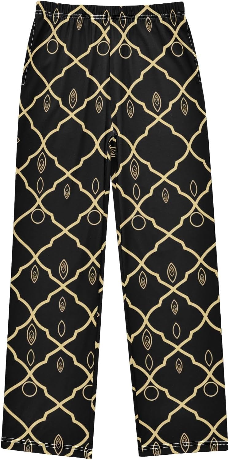 Elegant Black Moroccan Gold Lounge Pajama Pants, Soft Breathable Sleepwear with Elastic Waist and Pockets