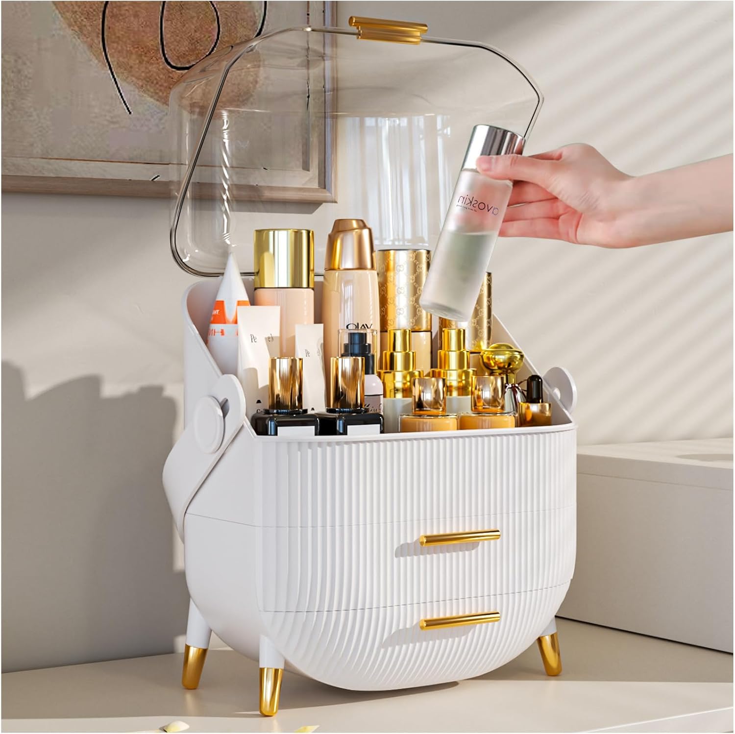 Makeup Organizer Skincare Organizers - Cosmetic Display Cases with Transparent Cover, SkinCare Organizers for Bathroom Countertop, Bedroom Vanity Desk, Lipstick Organizer, White