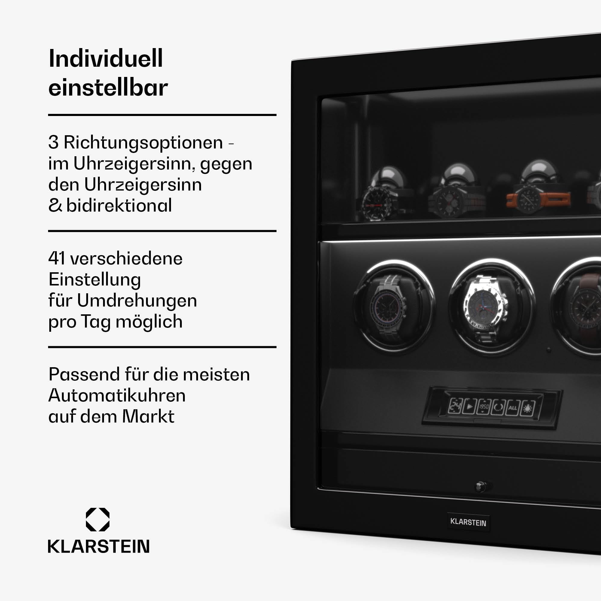 Klarstein SecureTouch Uhrenbeweger für 7 Uhren – Automatik mit Fingerabdruckschloss, leisem Japanischem Motor, LCD-Display & Fernbedienung, 41 TPD-Einstellungen, LED-Beleuchtung & Schmuckschublade