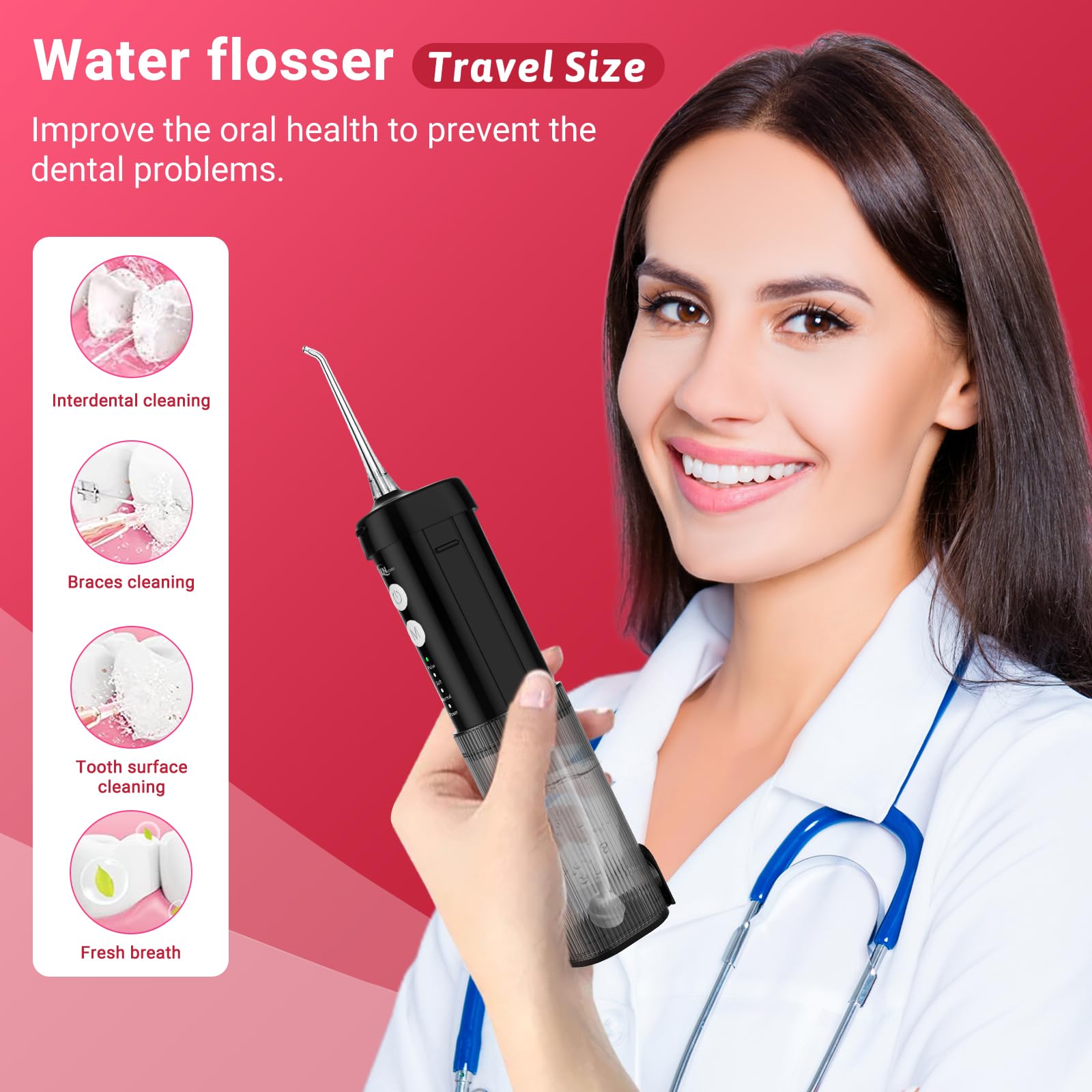 JNGOODS Mini irrigador bucal portátil irrigador bucal limpiador de dientes de agua, tanque de agua telescópico, 4 modos e impermeable IPX7, hilo dental de agua para el hogar y los viajes, para el