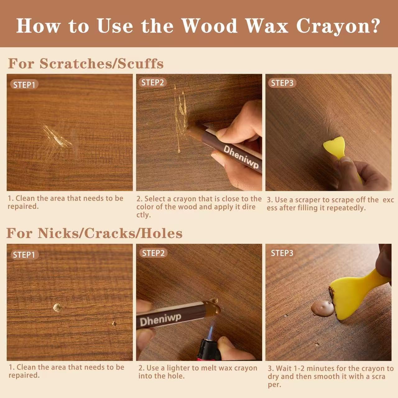 Wood Filler Sticks & Scratch Repair Kit - 8 Colors Wood Repair Crayons for Scratches, Holes on Furniture, Floors, Doors | Quick Fix