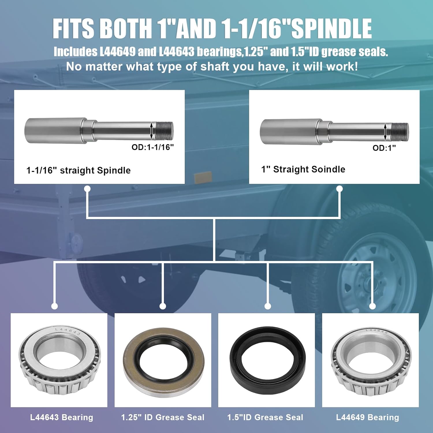 2 Sets Trailer Hub Kit 5 Bolt 4.5" 2000lb, Trailer Axle Kit for 2000 lb 5 Lug Trailer Hub Fits 1" and 1-1/16" Spindle with Extra Dust Cap and Rubber Plug