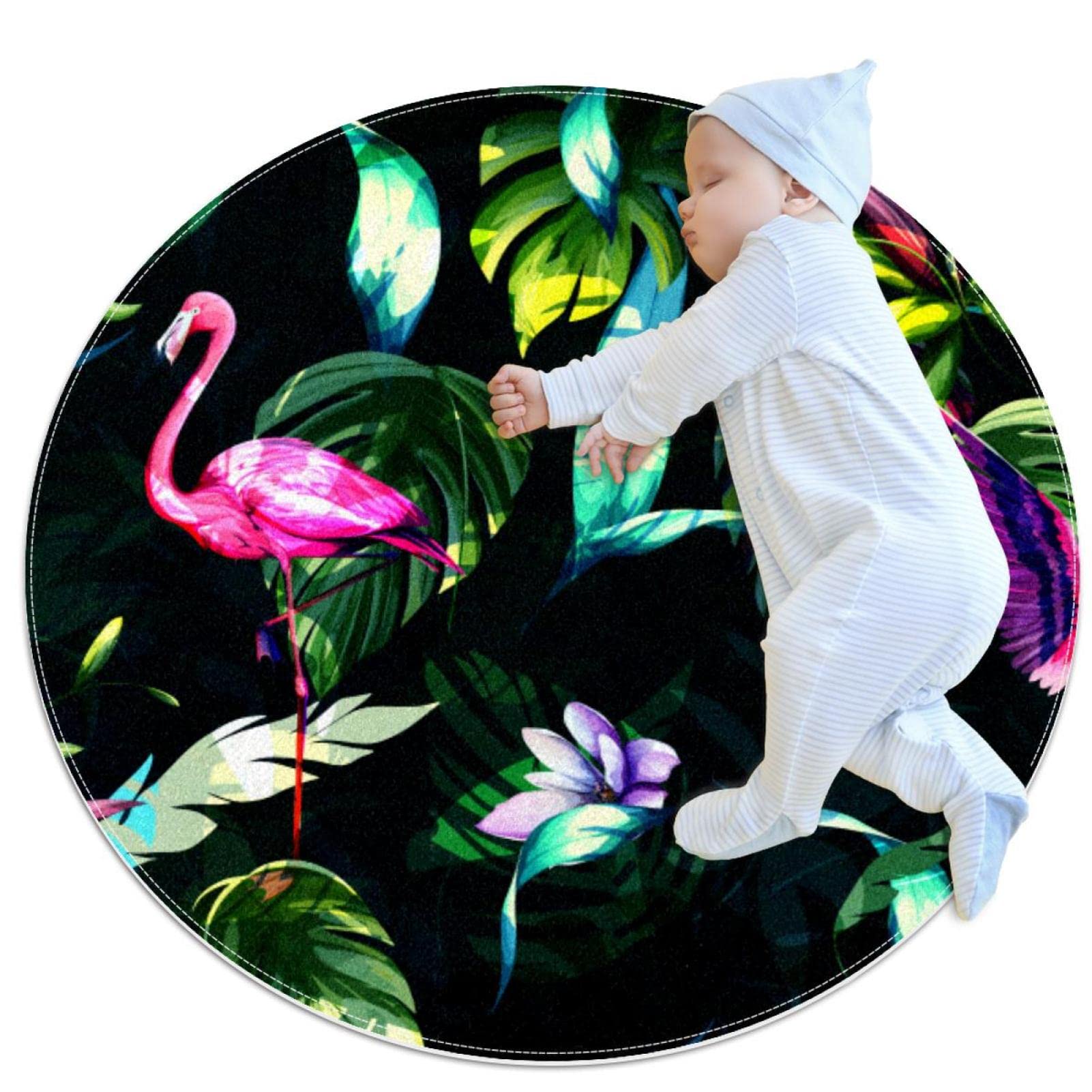 Tapis rond flamant JDEZ pour créer un coin lecture cosy au salon
