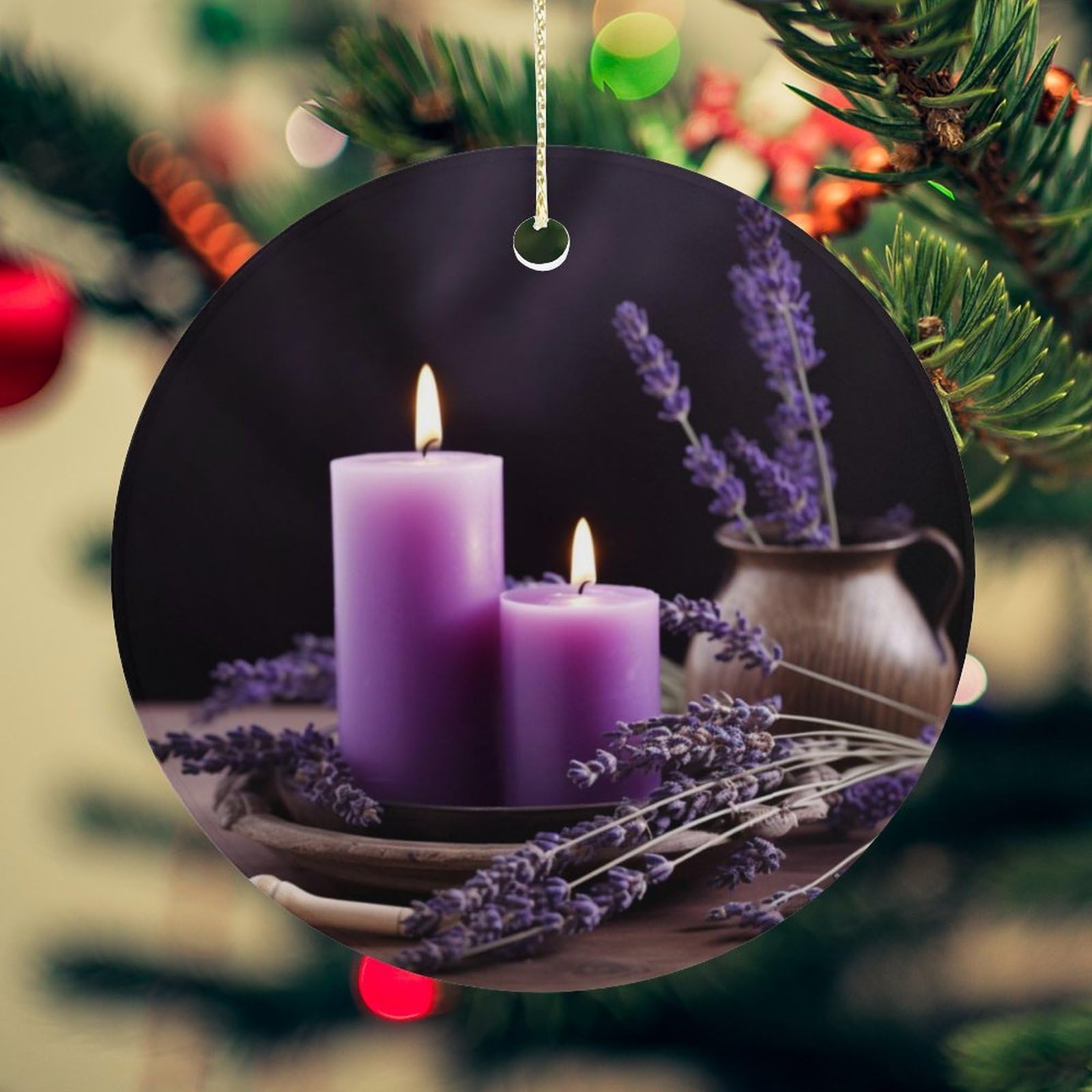 Purple Lavender with Candles Christmas Ornament for Christmas Tree Ceramic Round Ornament Winter Holiday Keepsake Gift 2.7" Christmas Tree Hanging Decorations Circle Ceramic Pendant Xmas Gift
