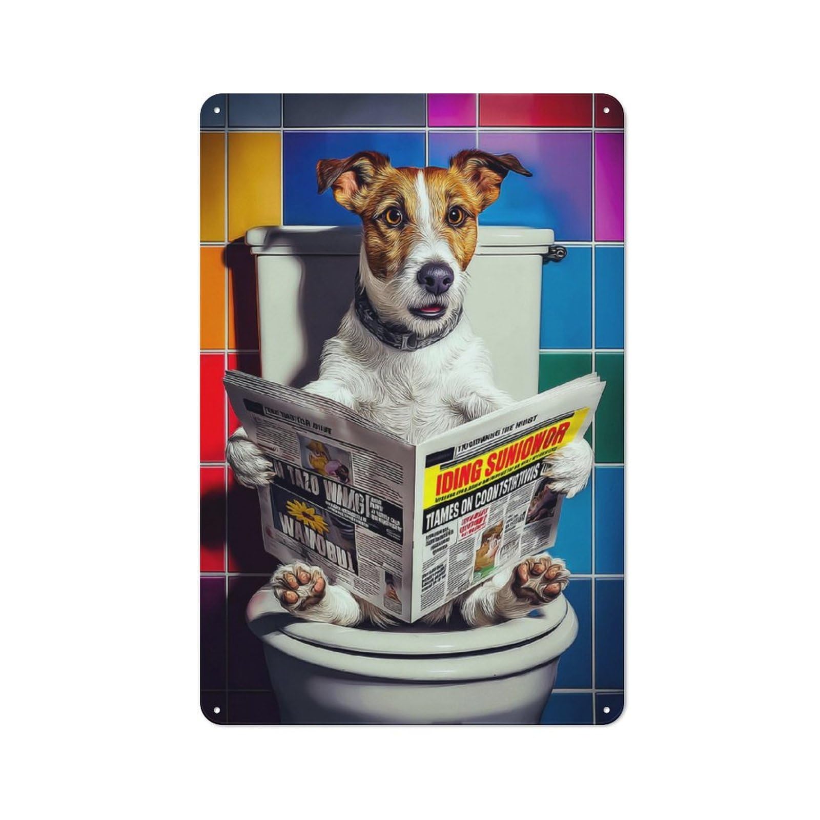 Junmoney Dog Reading Newspaper On Toilet-26 Rustic Metal Sign 30X20cm For Café Or Restaurant, Suited To Café Owners And Decorators