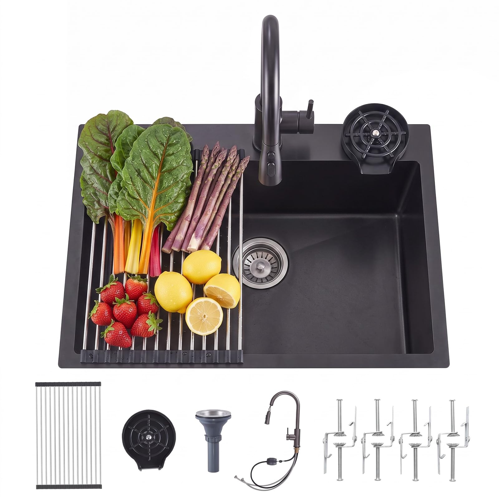 Fregadero cocina 1 seno negro con grifo y escurridor - multifuncional 40×45