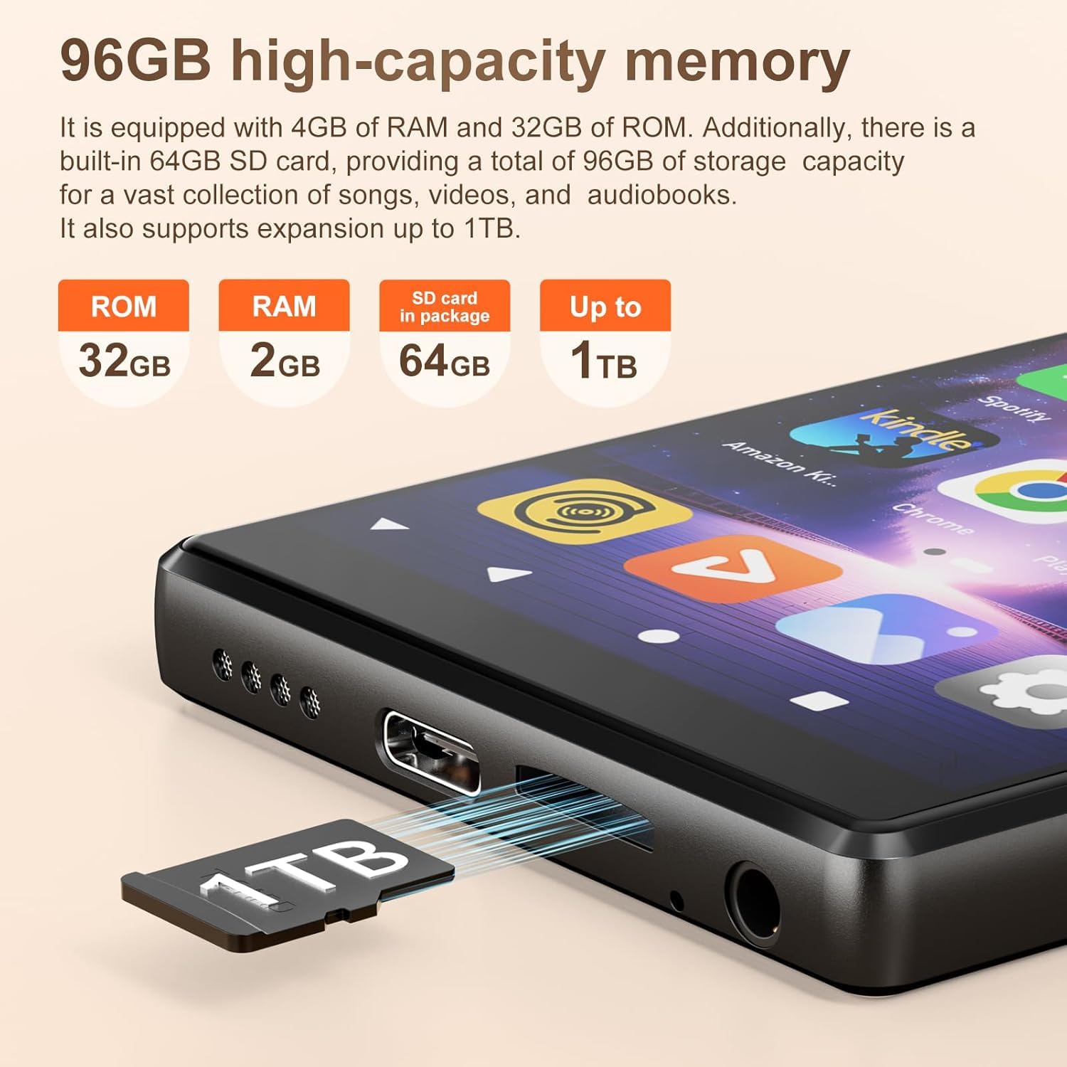 SWOFY MP3 Player mit Bluetooth und WLAN, 96GB HI-FI 5-Zoll Touchscreen, Android 13.0 MP3 MP4-Player mit Spotify, Amazon Music, FM Radio, E-Book, Browser für Kinder(Schwarz)