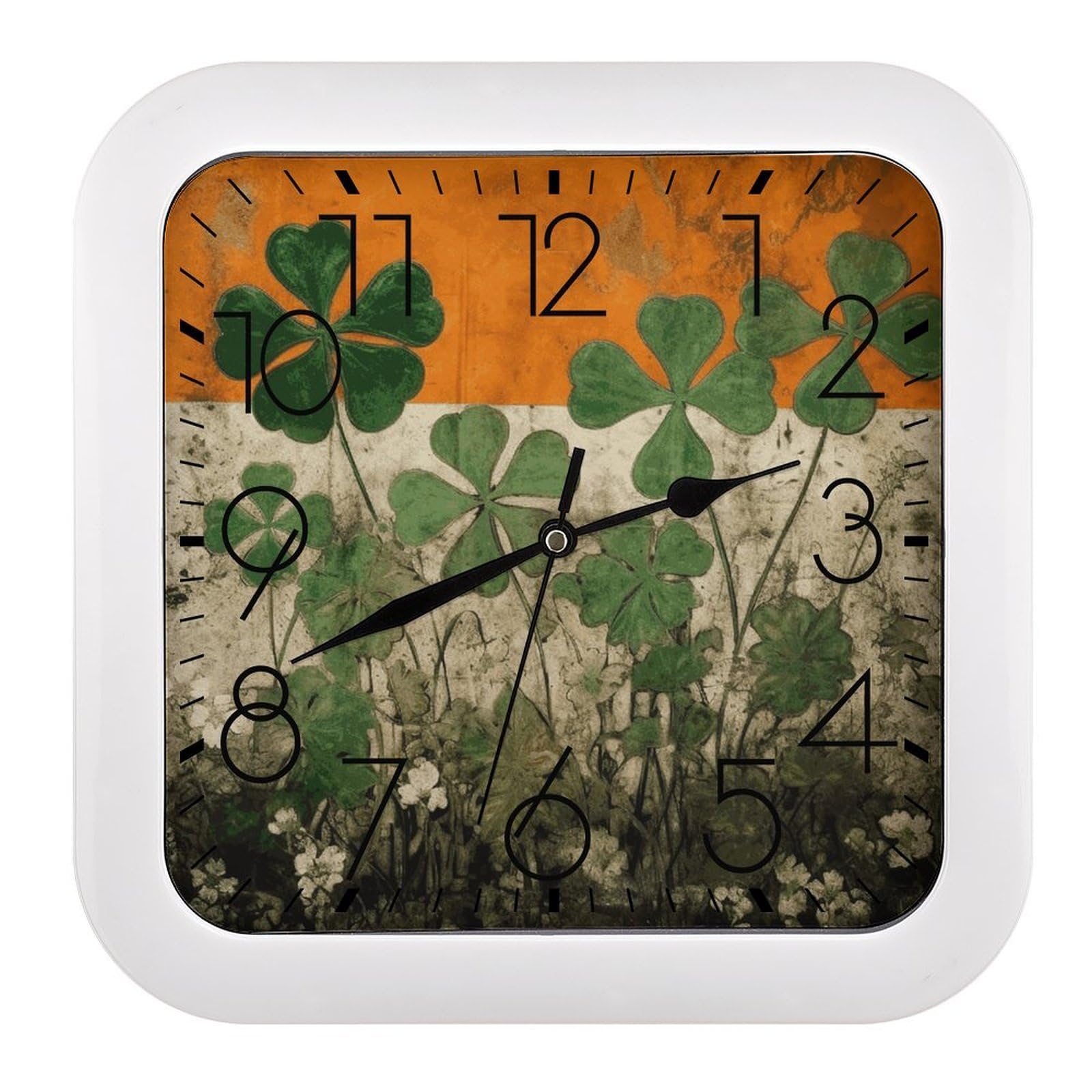 NTVOWPZO 10 Inch Wall Clock Clover on Flag Background Battery Operated Wall Clocks Silent Non-Ticking Square Wall Clock for Living Room Kitchen Home Office Wall Decorative Clocks