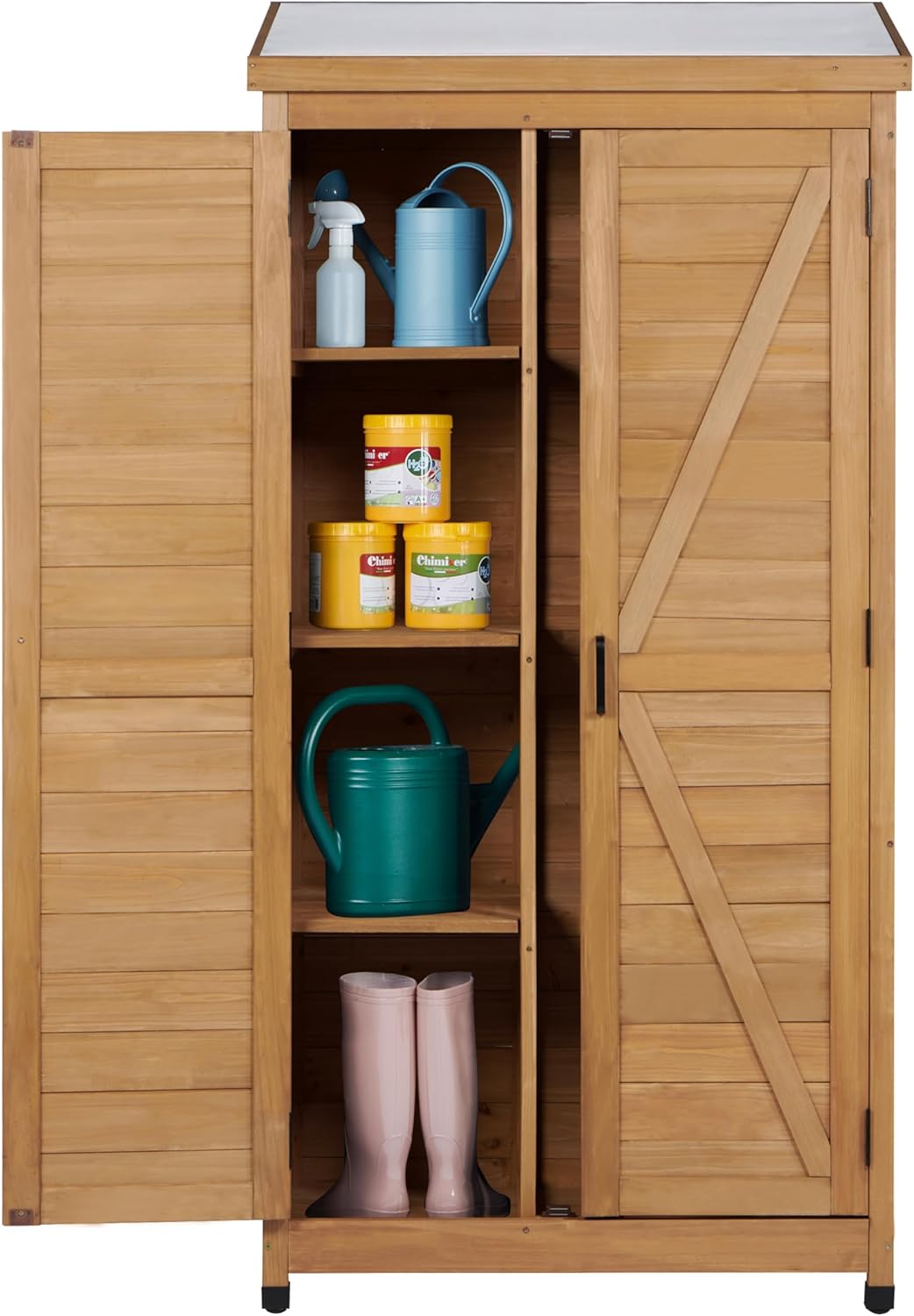 68”x33”x20” Outdoor Wooden Storage Shed with Metal Top Tall Vertical Tool Cabinet for Backyard Garden Patio Lawn (Gold)