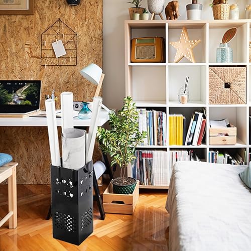 Miniatura 6 de TOPZEA Soporte cuadrado de metal para paraguas, organizador de canasta negra con 4 ganchos en S, soportes para bastones para bastones para entrada,