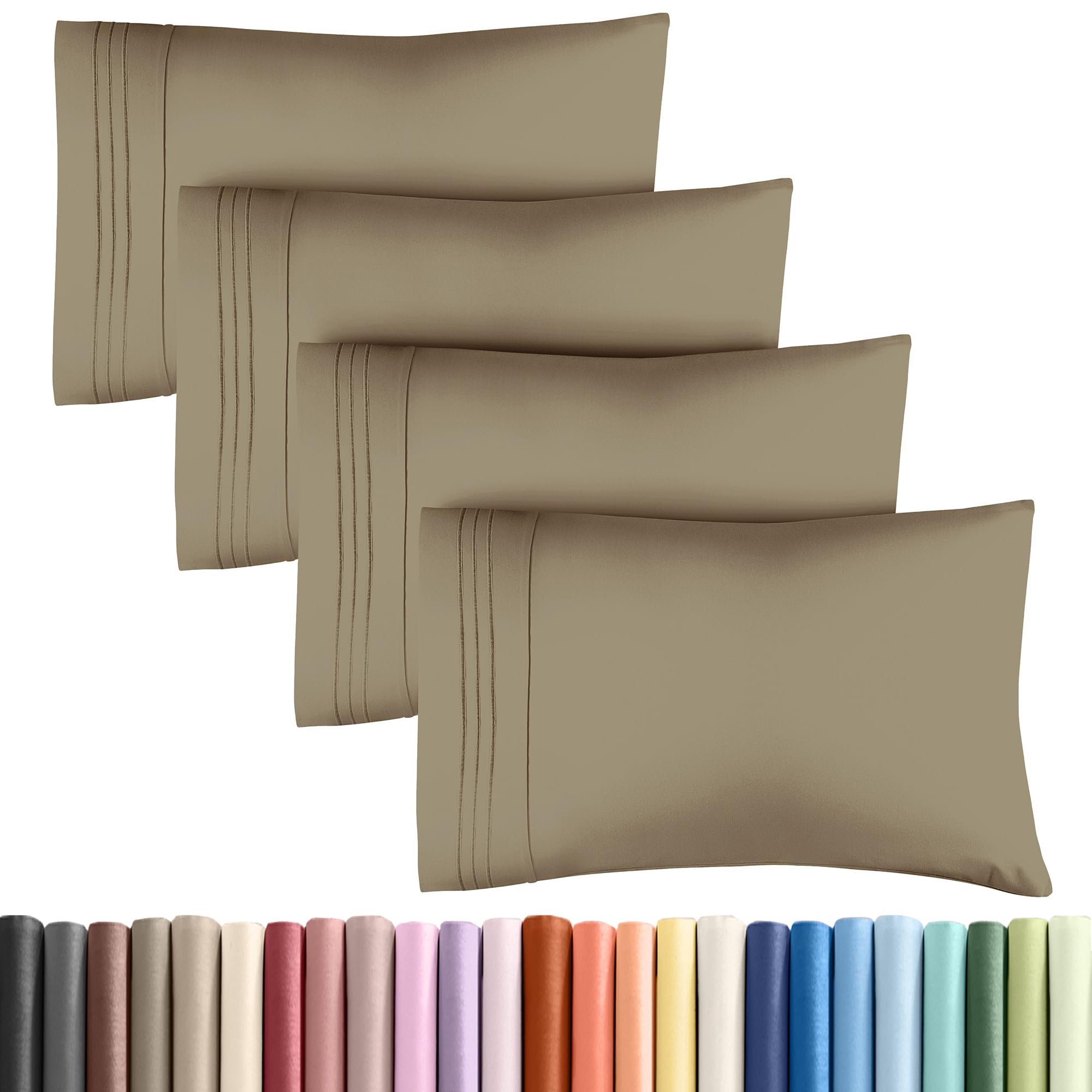 Queen Pillow Cases Set of 4 - Ultra Soft Hotel Quality Pillowcase Covers - Luxury Comfy Cozy Bedding for Women, Men, Kids & Teens - Machine Washable Pillow Protectors - 4 Pieces Set - Queen Size Khaki