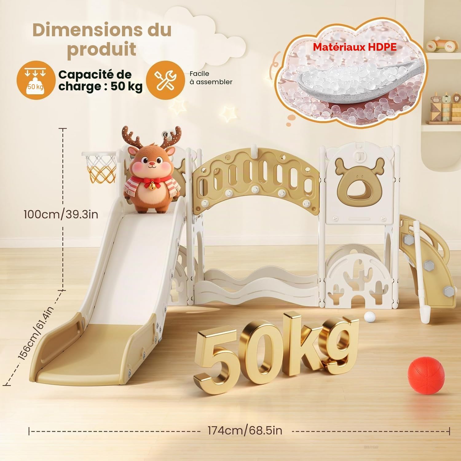 Toboggan pour enfant, grand toboggan avec panier de basket, cadre d'escalade pour le jardin, télescopique, espace de rangement, pour 1 à 3 ans, extra long 1700 mm ((modèle Elk Slide-Active 7 en 1