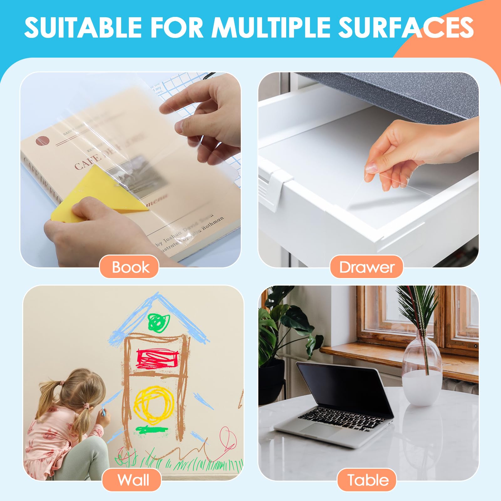 Lot de 28 couvertures de livre de papier contact transparent – 45 cm x 1,5 m au total 42,7 m – Film de protection autocollant pour travaux manuels – Rouleau de papier contact transparent à décoller et