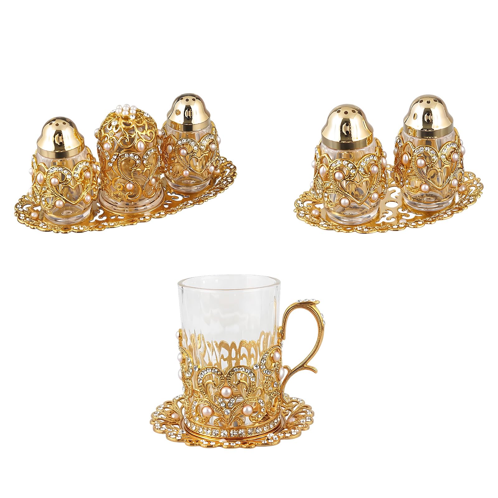 Goldfarbene Gewürzgläser mit klarem Glas und Perlenverzierungen, Gewürzbehälter, goldene ausgehöhlte Gewürzgläser