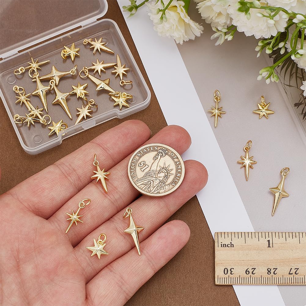 24 colgantes de estrella de latón chapado en oro de 18 quilates, diseño de estrella del norte, 4 estilos, con anillo curvado para la fabricación de joyas, manualidades