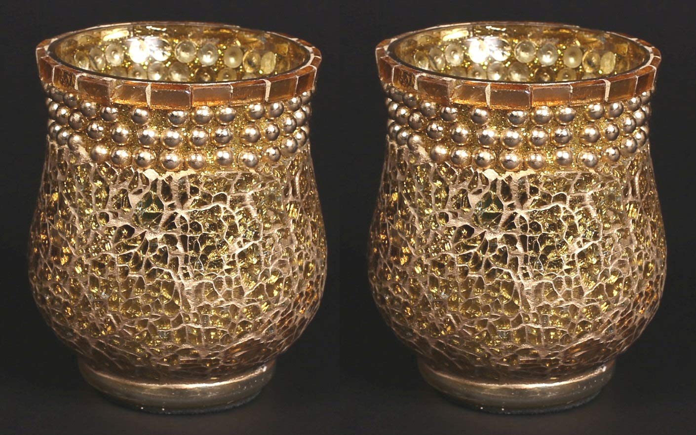 Small Hurricane Shaped Mosaic Votive Holder or vase with Antique Gold Mirror Chips, Gold Grout and Three Rows of Gold Color Beads Set of 2