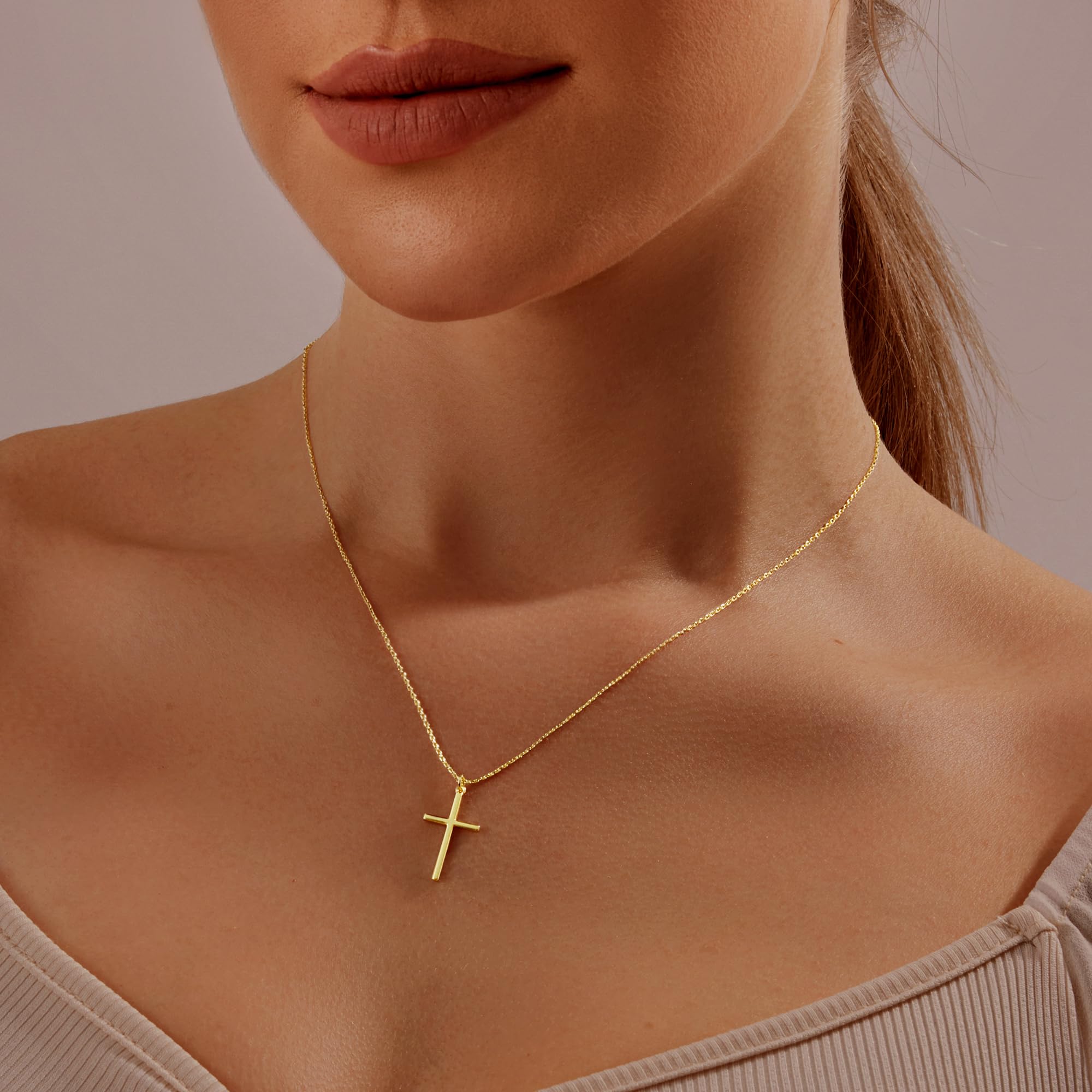 Collar de cruz chapado en oro de 14 quilates, plata de ley para mujer, delicado, pequeño, simple, pequeño, clásico, doble circonita, juego de perlas, collar con colgante de cruz, regalo de 7