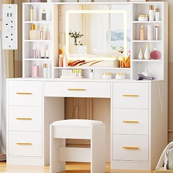ANWBROAD Dressing Table with Stool Vanity Desk with Power Outlet, White | Vanity with Lighted Mirror 7 Drawers 3 Colors Lighting Adjustable Brightness Modern Vanity Table for Women Bedroom YBDT90W