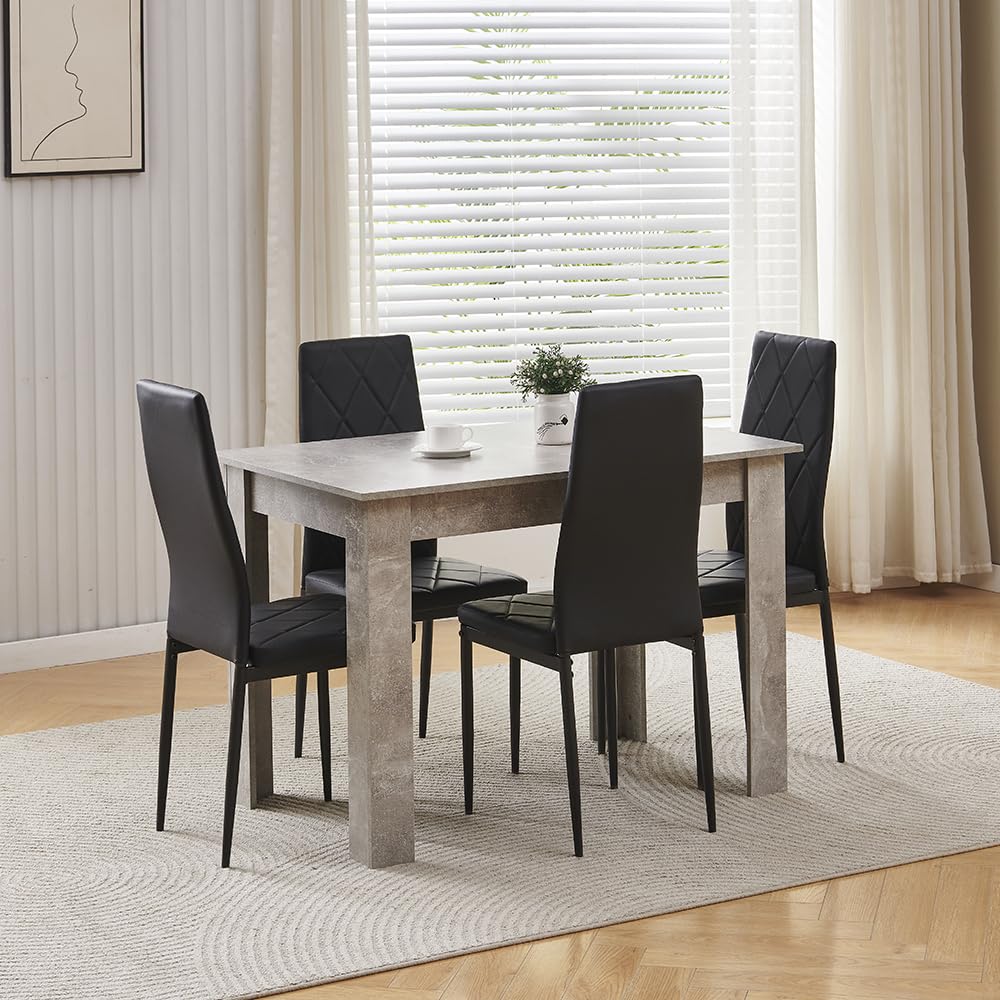 Homullel 110cm Dining Table and 4 Chairs, 4 Seater Kitchen Table and Chairs Set for Space Saving, Compact Dining Room Set for 4, 110x70 cm, Wooden, Beton Grey (4 Seaters, PU Black #2)