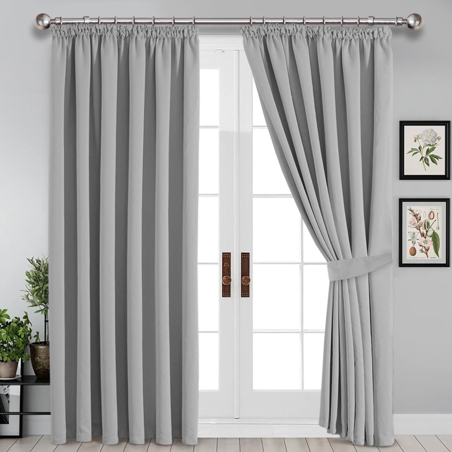 Imperial Rooms Blackout Pencil Pleat Curtains for Bedroom 90 x 90 Drop Inch Light Grey Curtains & Drapes Thermal Insulated Extra Long Curtain, 2 Panels with Tiebacks