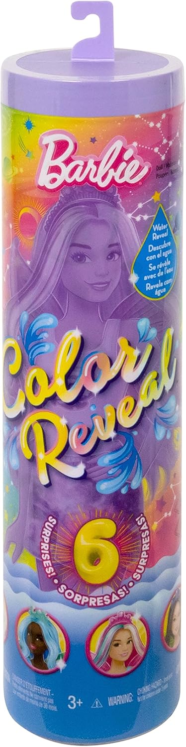 Barbie Color Reveal Doll, Rainbow Galaxy, Celestial Sparkle with 6 Surprises Including Wings & Color Change (Styles May Vary)