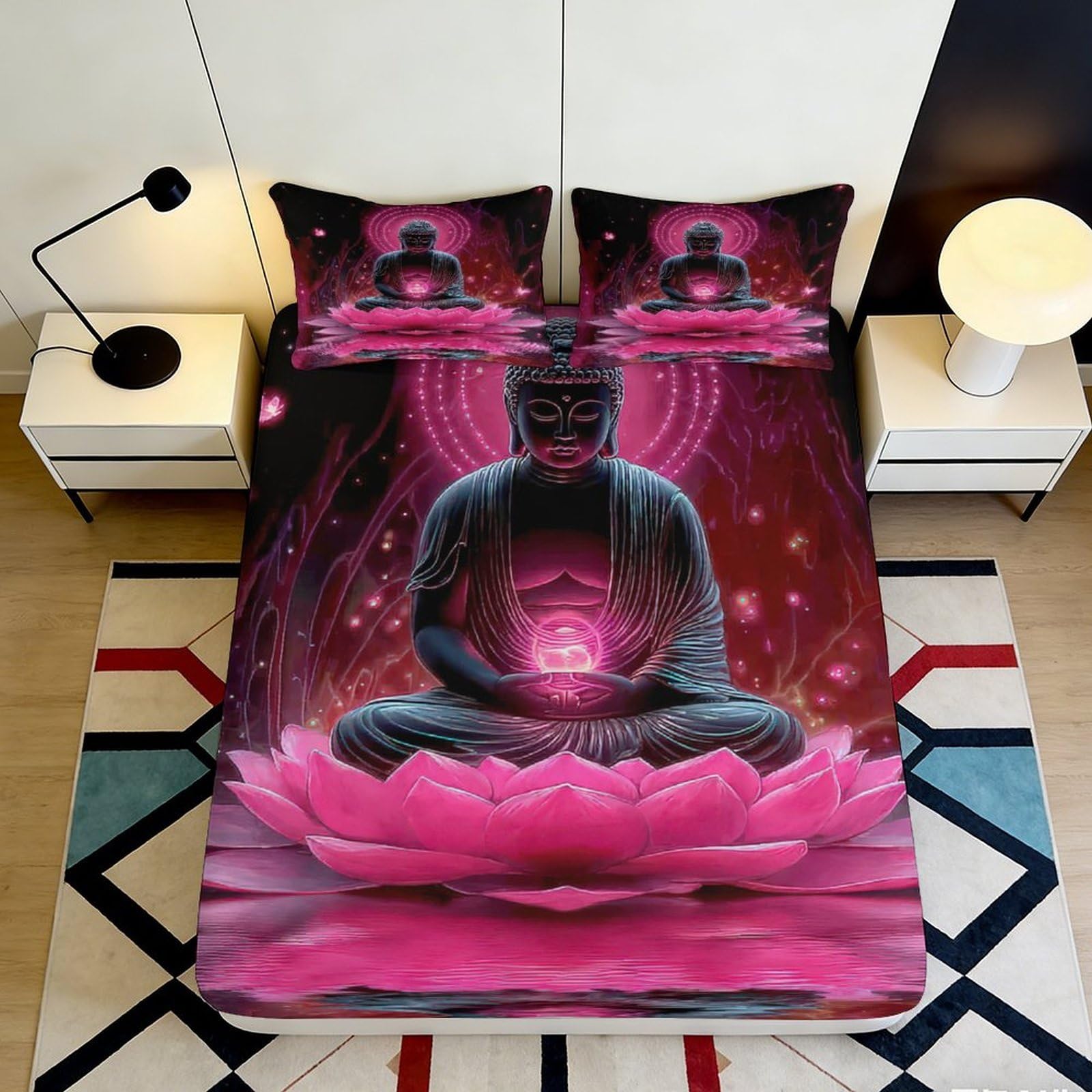 3D Printed Buddha Lotus Fitted Sheet Microfiber Pink Artistic Zen Meditation Mattress Cover for Bedroom Dorm Decor 90x200x25cm