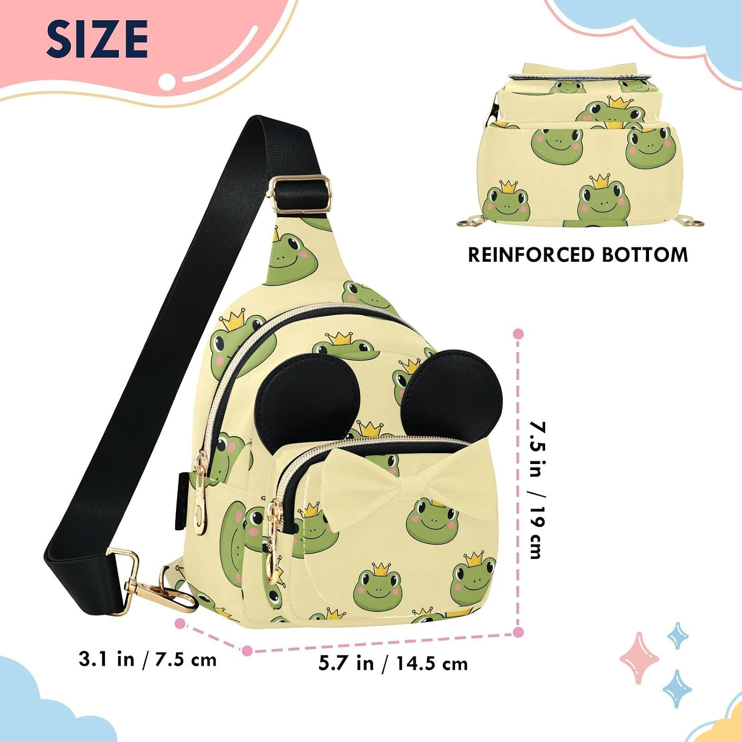 Sinestour Frogs Kids Sling Bag for Girls, 5.7x7.5x3.1 Inches | Crossbody Fanny Pack, Toddler Purse, Cute Sling Belt Bag with Ears, 2L Small Shoulder Chest Bag for Travel