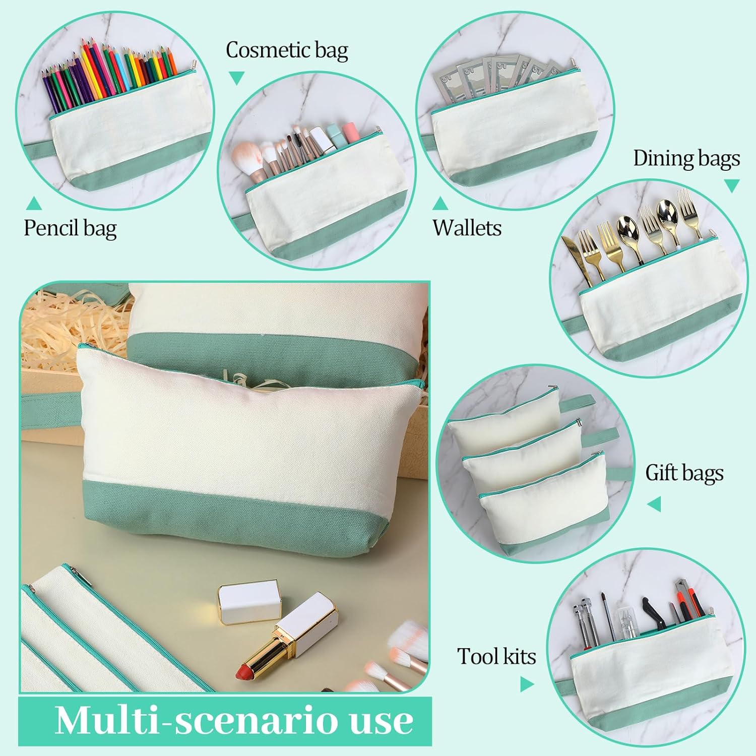 Silkfly 15 Pcs Cotton Canvas Makeup Bags Canvas Cosmetic Zipper 10.2 x 5.5 x 2 Inches Blank DIY Pouch Bag Bulk with Bottom Pencil Case Travel Toiletry Pouch for Women (Beige and Green) - Image 4