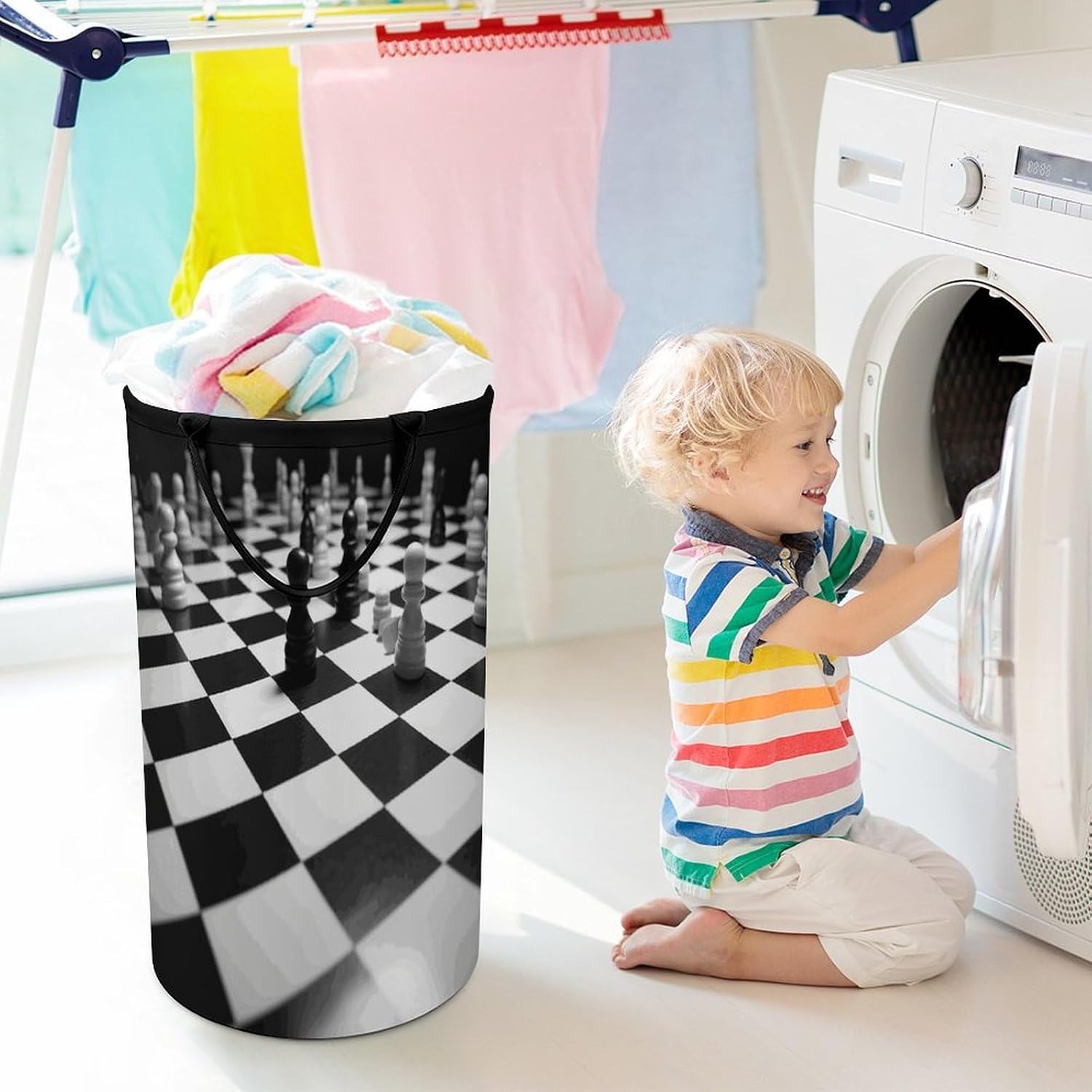 Black White Chess Checkerboard Laundry Basket 86L Laundry Hamper | Collapsible Clothes Hamper with Reinforced Handles Waterproof Tall Foldable Dirty Clothes Basket for Hotel, Home, Closet