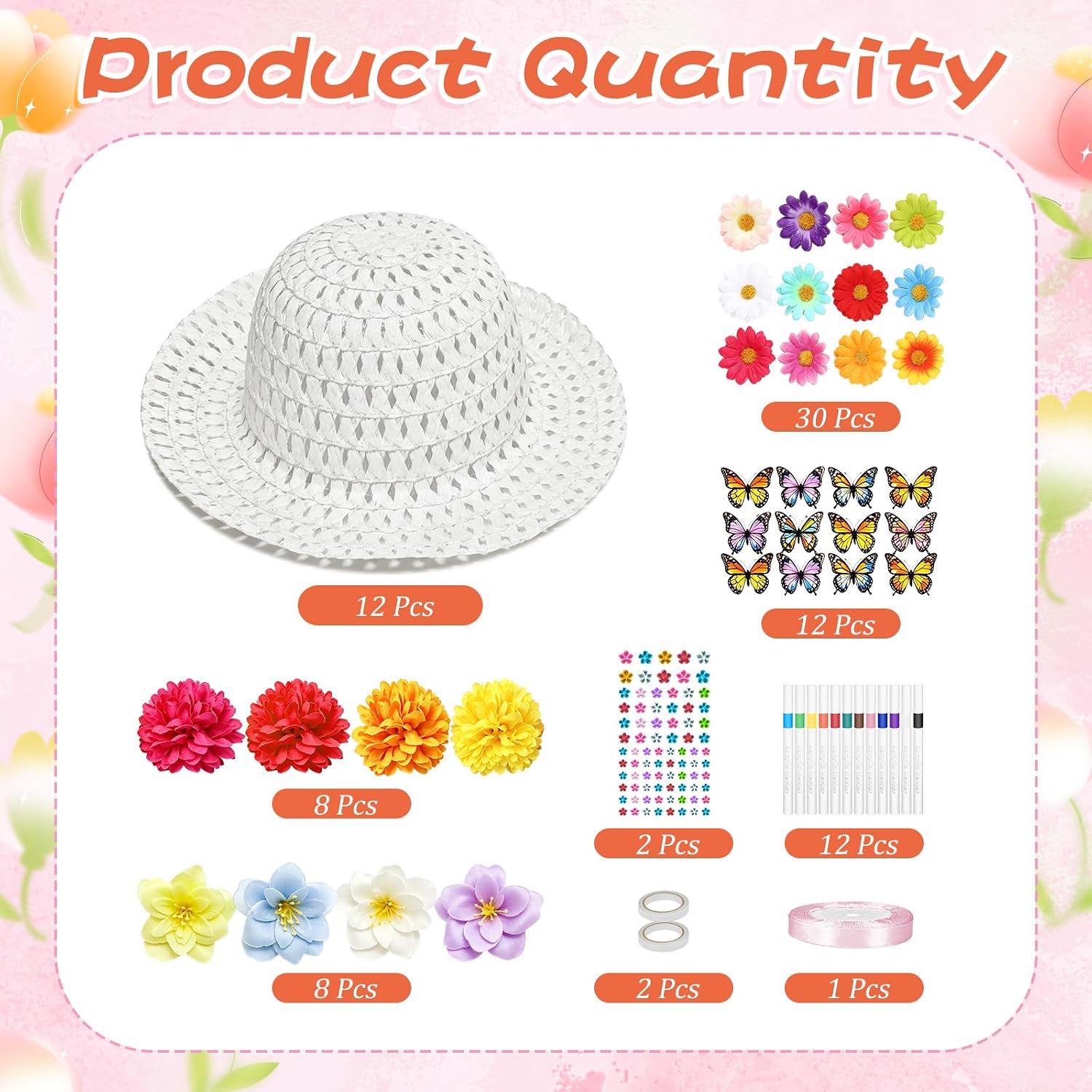 Cinrobiye 12 Sets DIY Straw Hats for Girls Tea Party Hats with Flowers Butterflies Paint Pens Decorate Your Own Hat Fairy Dress Up Craft Kit Birthday Party Supplies image 3