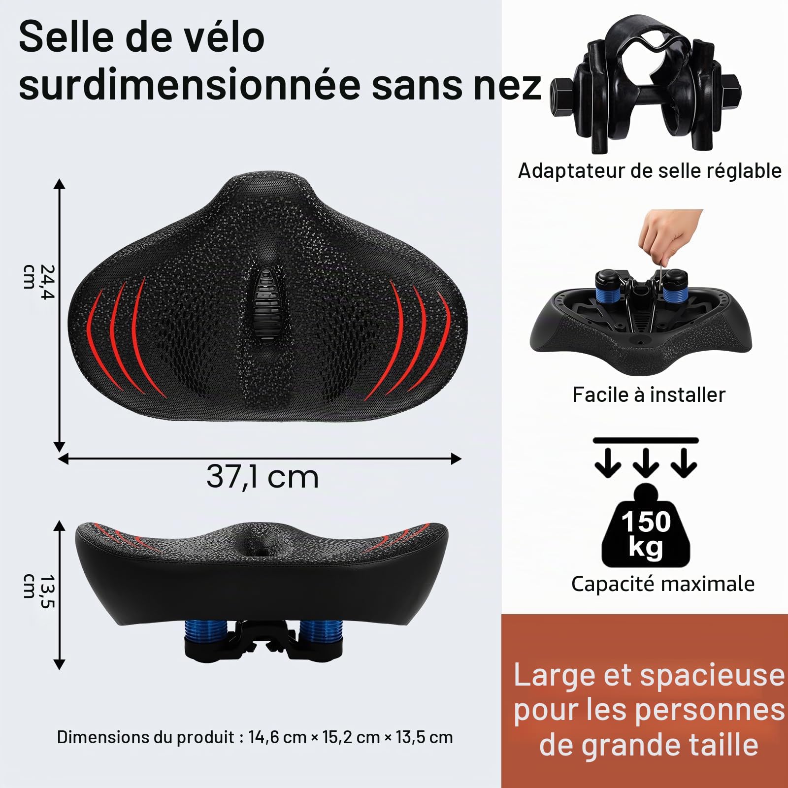 Selle de vélo surdimensionnée pour Homme et Femme, Coussin de siège de vélo Extra Large, imperméable et Confortable en Mousse à mémoire de Forme, Convient pour vélos Peloton, vélos d'appartement