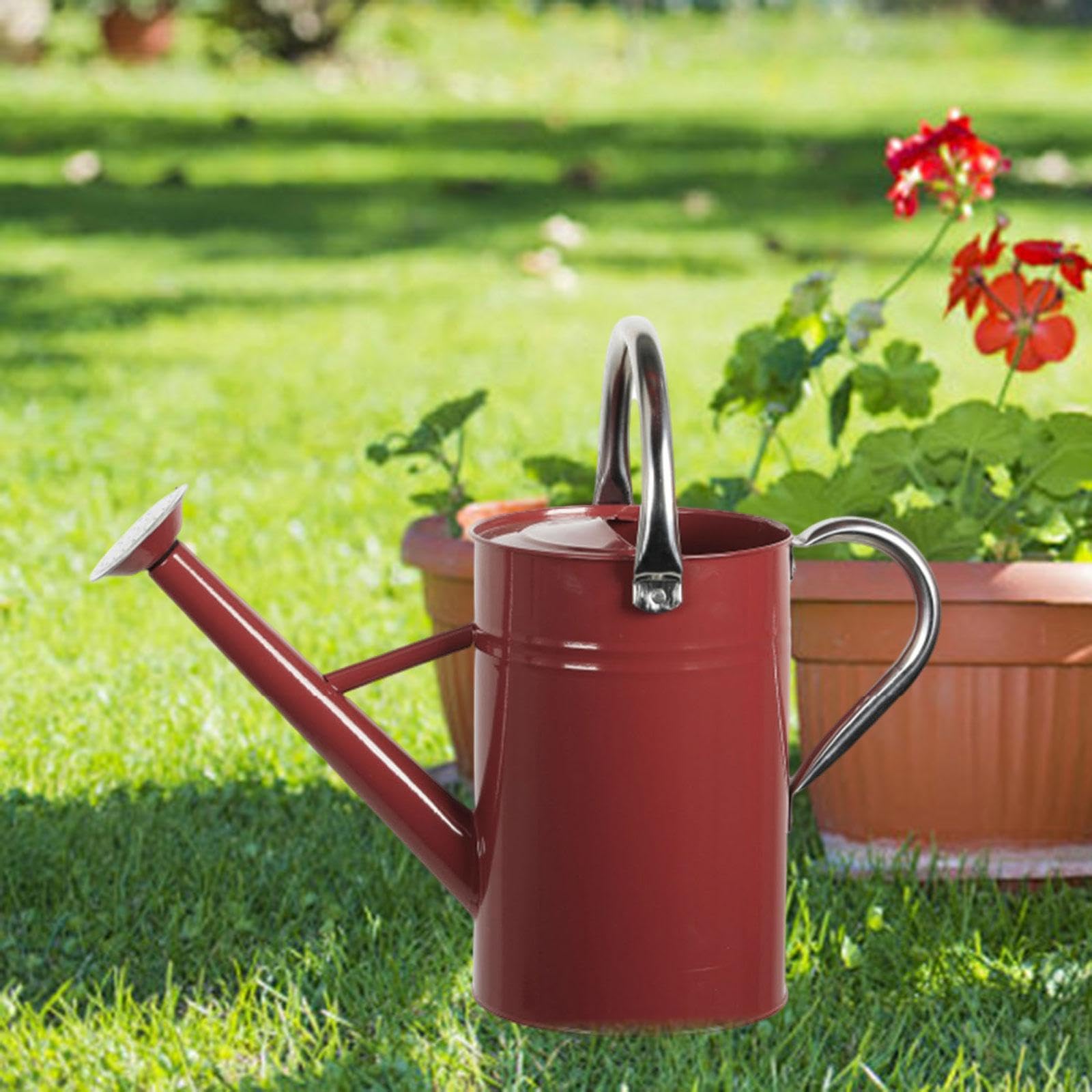 perfk​ Edelstahl-Gießkanne mit abnehmbarem Ausguss – Rostfreie Metallgießkanne für Innen & Außen, ergonomischer Griff für Pflanzen & Blumen​, 5 l, Feinsprüher, Rot