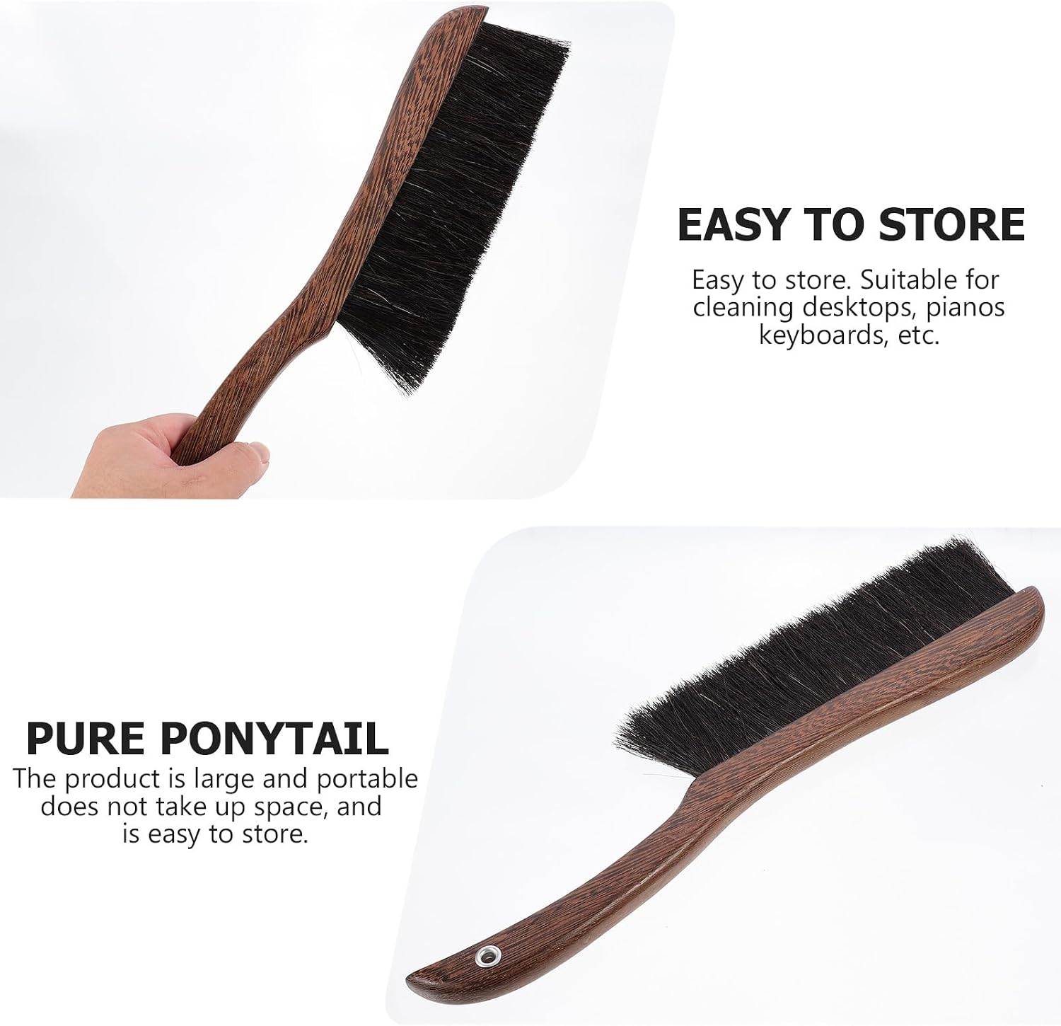 Abaodam Anti-static Wooden Keyboard Cleaning Brush with Soft Horsehair Bristles, Piano Dust Removal Tool for Desktop and Instrument Care, Black