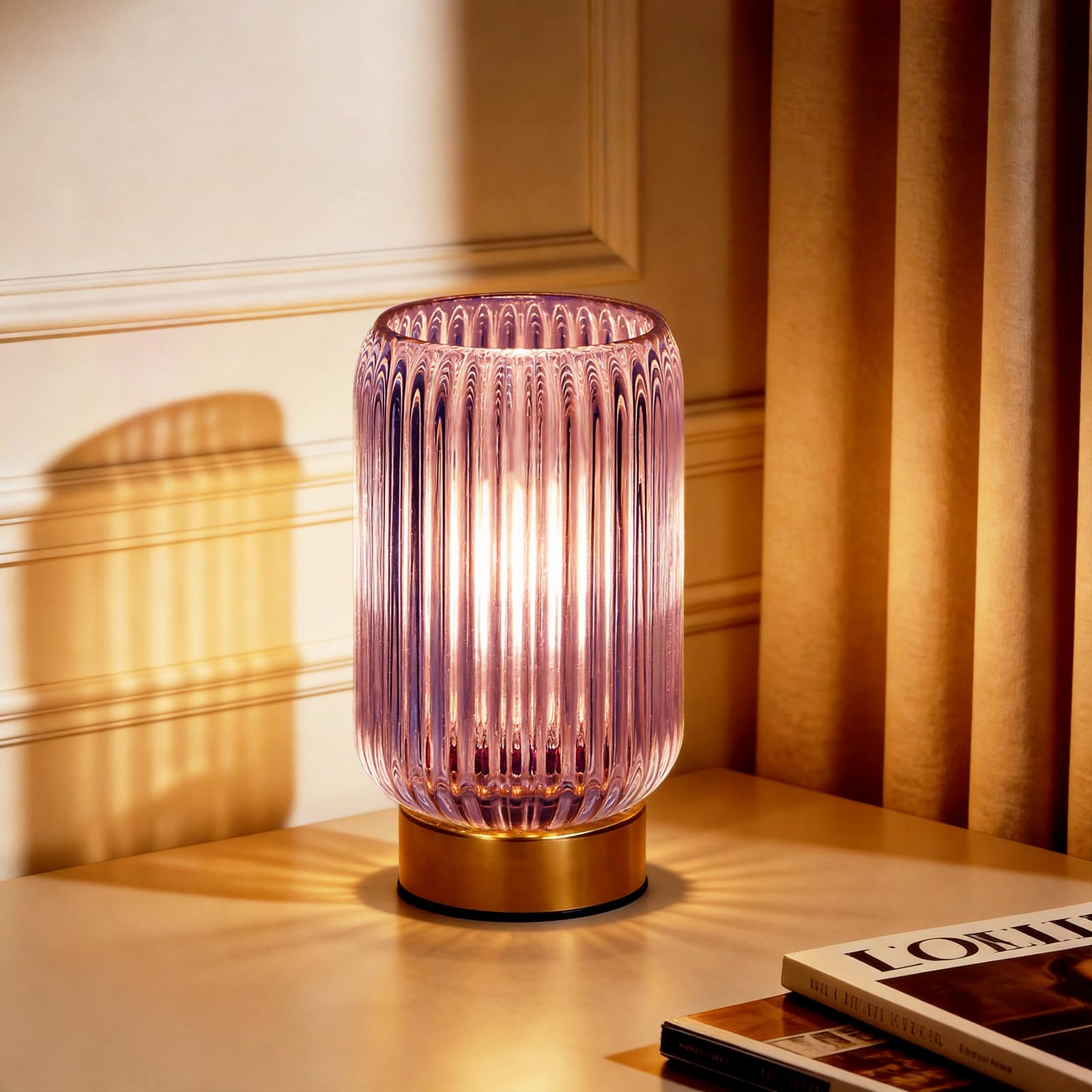 MJ PREMIER Cordless Lamp, Battery Operated Lamp with Timer, Purple Glass Lampshade, Small Table Lamps for Area No Plug, Decorative Led Light for Bedroom Living Room Shelf (Purple)