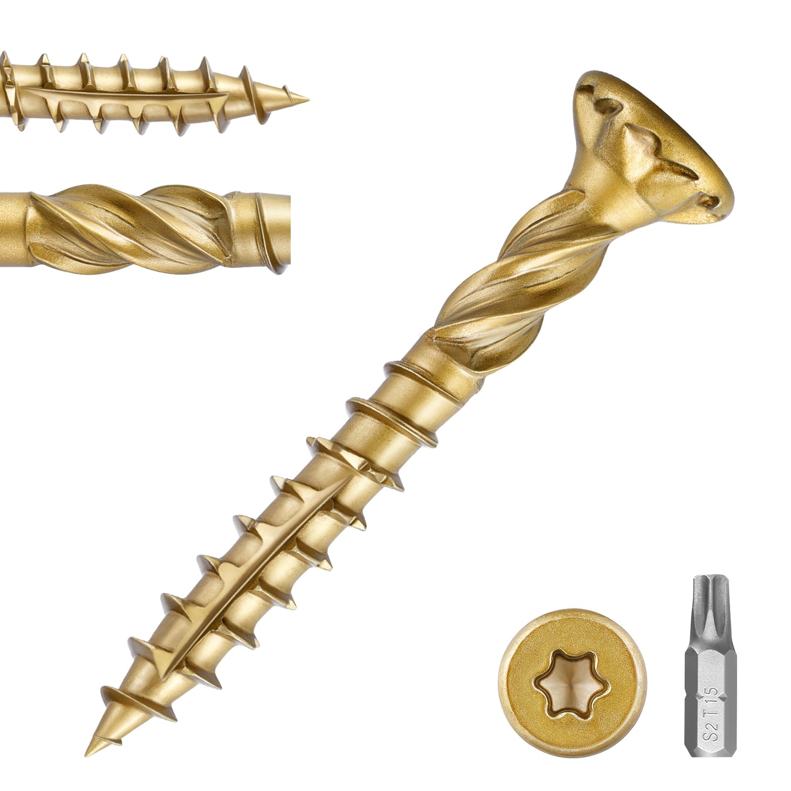 #8 x 1-1/4 in Multi-Purpose Wood Deck Screw for Interior and Exterior,Bugle Head,Golden Coated with T15 Bit Star Drive Torx for Furniture Building/Fence/Decking((1LBS,194Pcs)