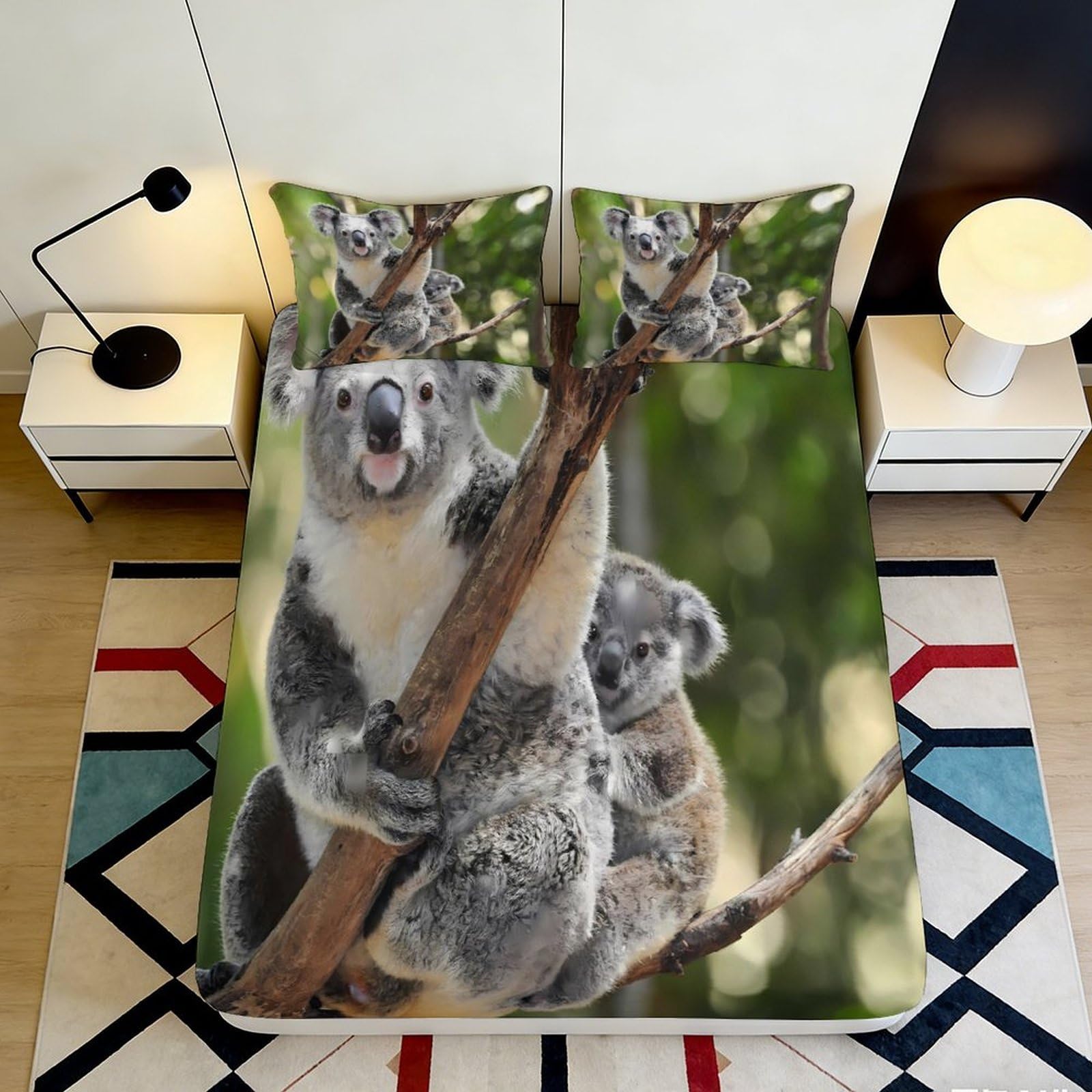 3D Printed Koala Animal Fitted Sheet Microfiber Soft Durable Koala Print Bed Cover for Bedroom Dormitory Guest Room Mattress Protection 120x200x25cm