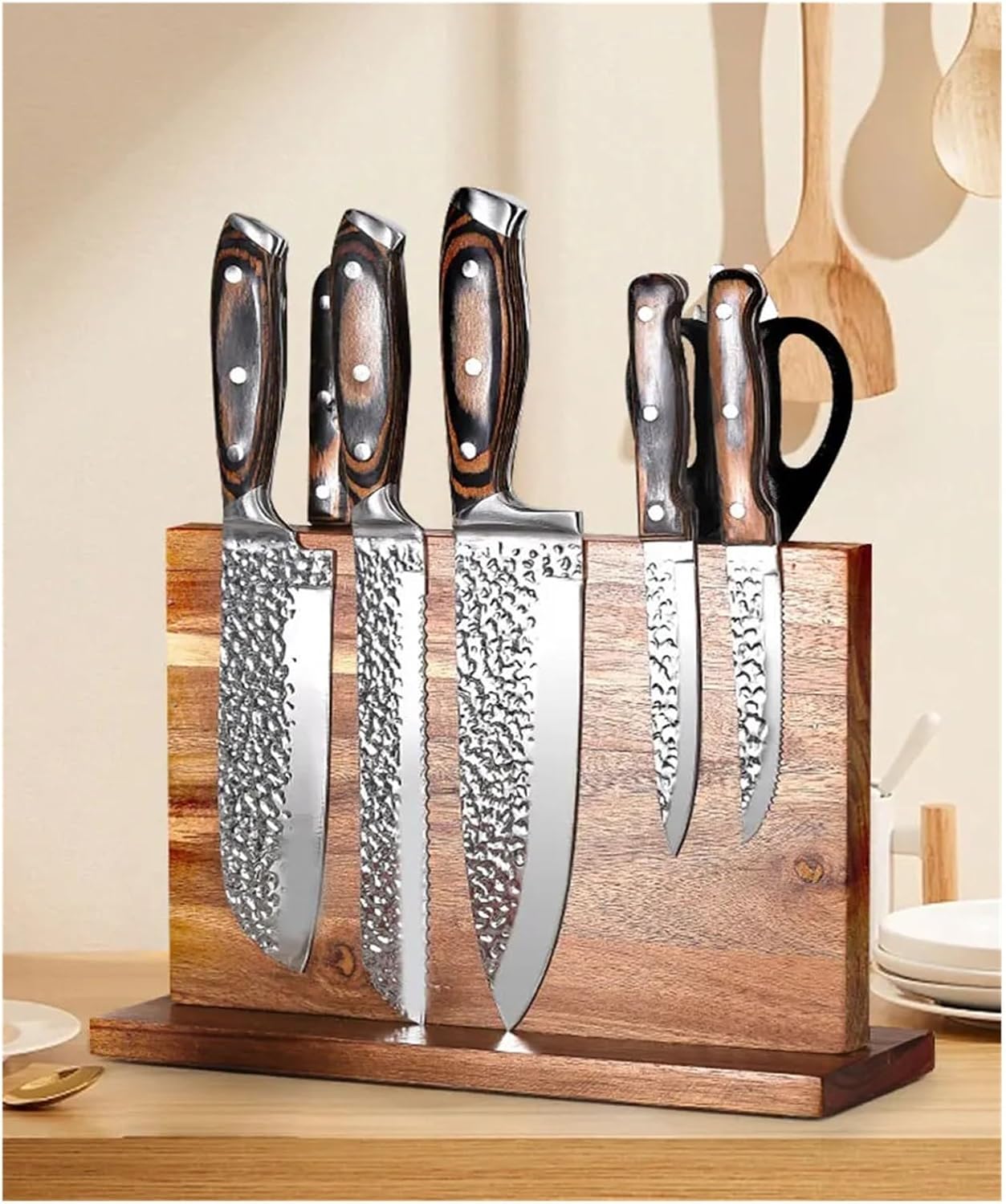 Magnetic Knife Block Double-Sided Wooden Holder Set Stand For Counter Top