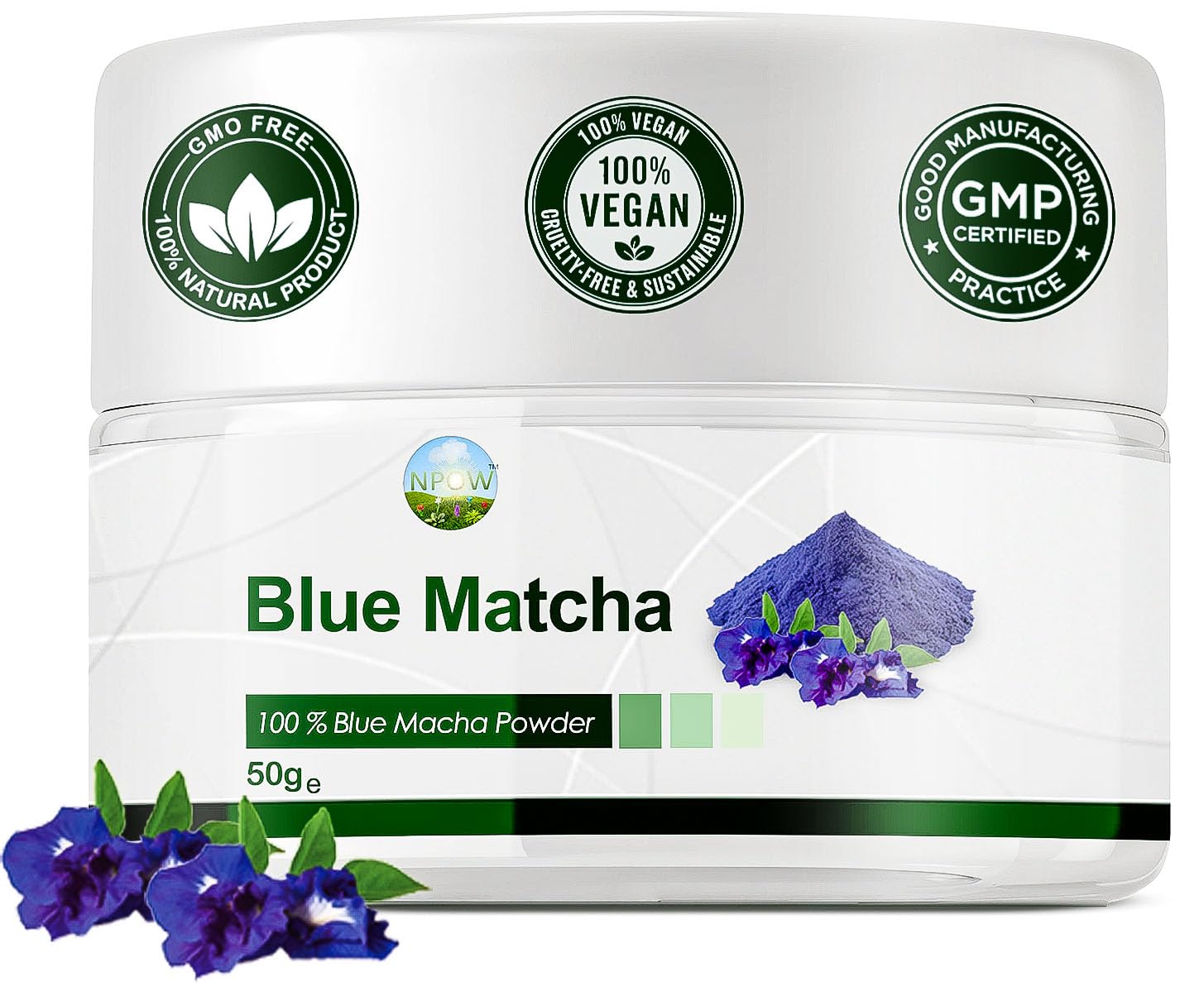 NPOW Blue Pea Flower Tea Powder - Caffeine-Free Pure Blue Matcha Powder, Allergen-Free Herbal Tea Flower, High Antioxidants Powders, Flowering Teas for Smoothies, Baking & Cuisines - 50g