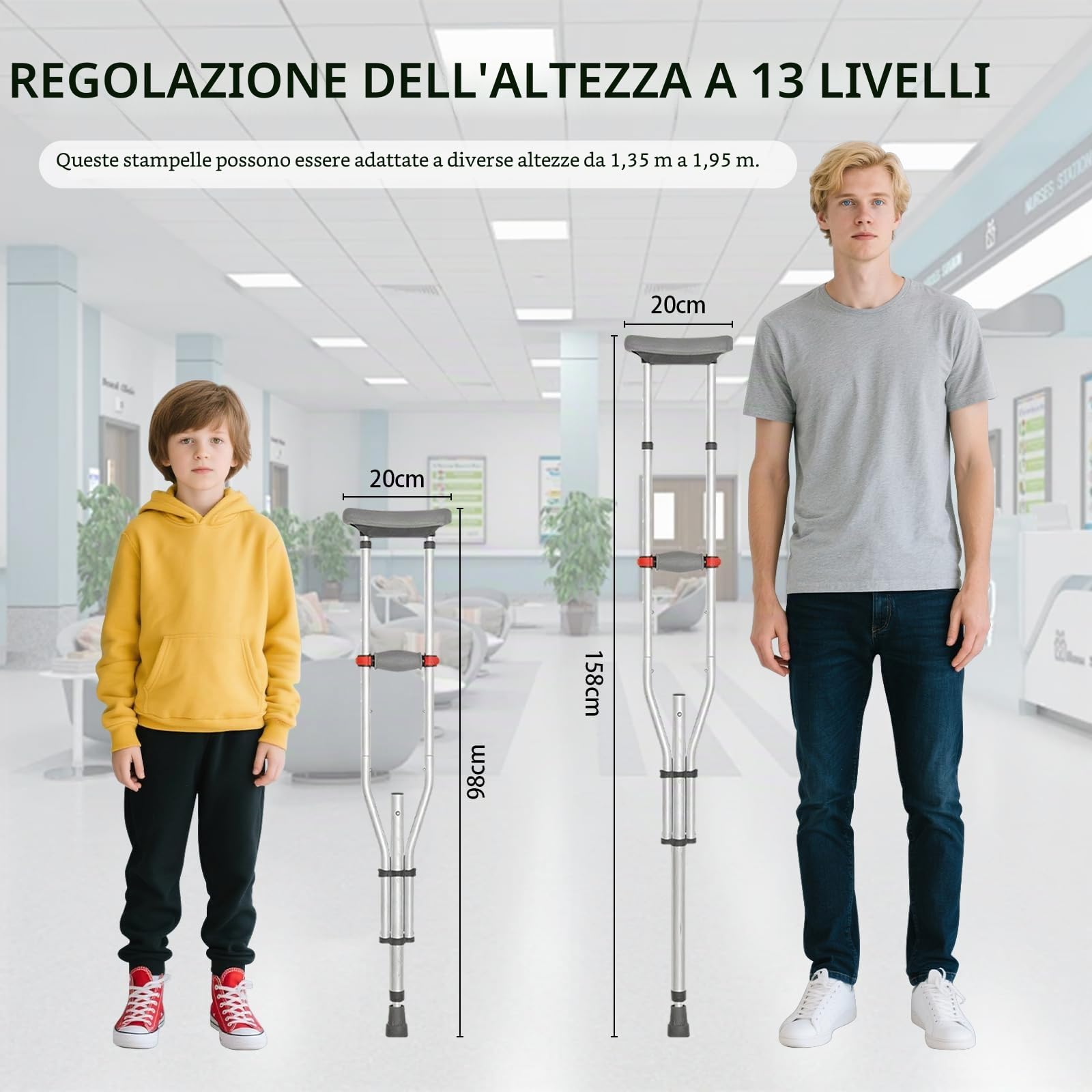 Stampelle Ascellari, Ortopediche Regolabili, Supporti per Avambraccio, Portata 150 KG, Stampelle in Alluminio Pieghevole con Poggia Avambraccio e Poggia Mano Morbidi, 1 Paio